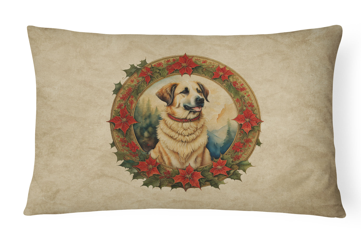 Anatolian Shepherd Dog Christmas Flowers Decorative Throw Pillow 12x16 Indoor Outdoor Accent Cushion, Fabric Cover with Insert for Sofa, Bed, Porch & Living Room
