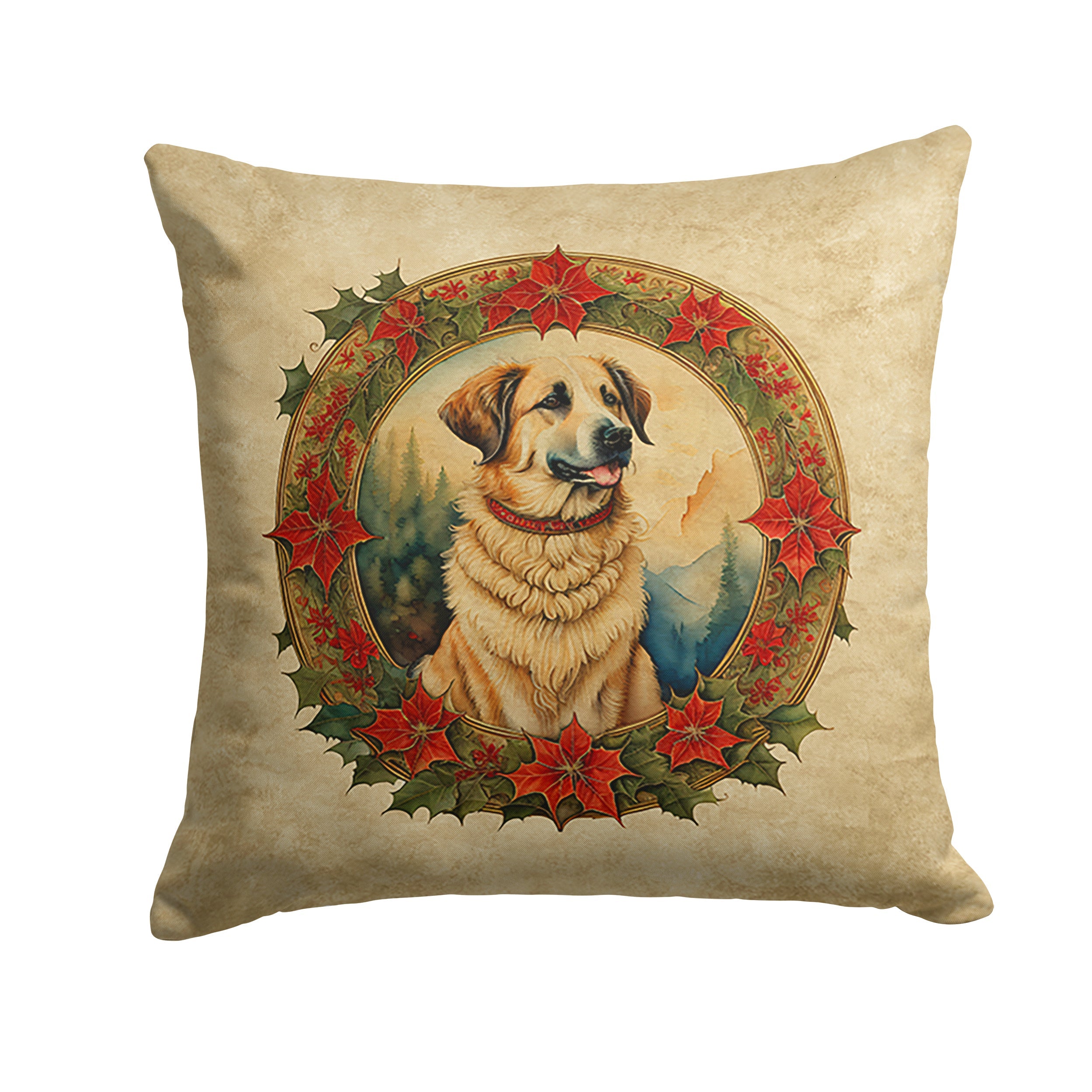 Anatolian Shepherd Dog Christmas Flowers Decorative Throw Pillow 14x14 Indoor Outdoor Accent Cushion, Fabric Cover with Insert for Sofa, Bed, Porch & Living Room