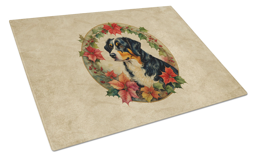Appenzeller Sennenhund Christmas Flowers Cutting Board Tempered Glass Kitchen Cutting Surface, Heat Resistant Chopping, Non-Slip Feet, Food Prep & Serving