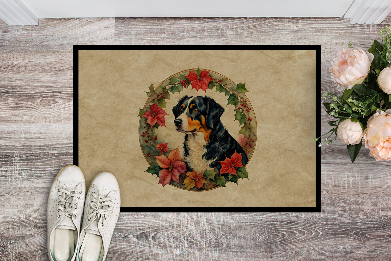 Appenzeller Sennenhund Christmas Flowers Doormat Indoor Outdoor 18H X 27W Front Door Mat Rugs for Entryway, Non Slip Washable