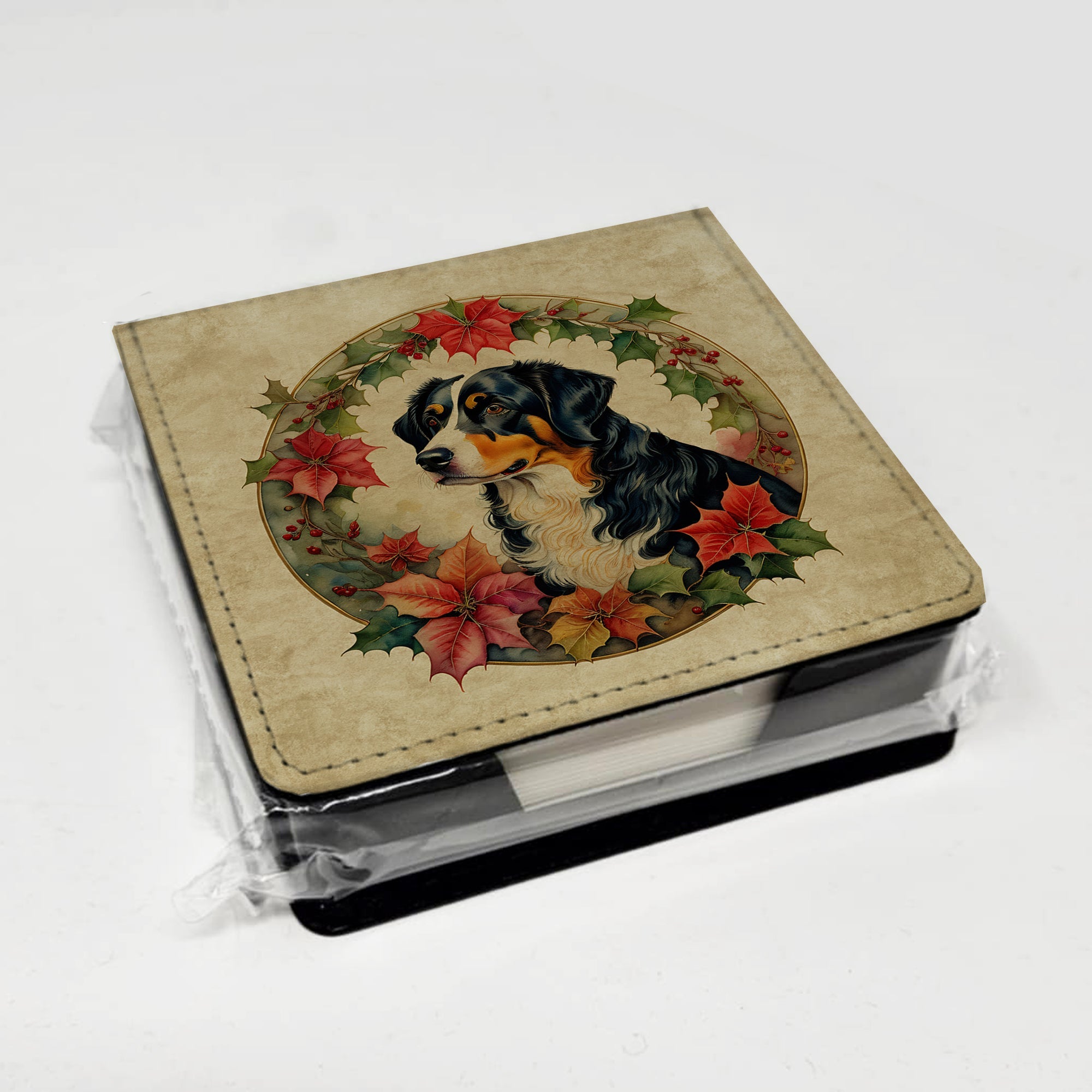 Appenzeller Sennenhund Christmas Flowers PU Leather Note Paper Holder with Artist-Designed Cover, Desk Accessory, Office Gift