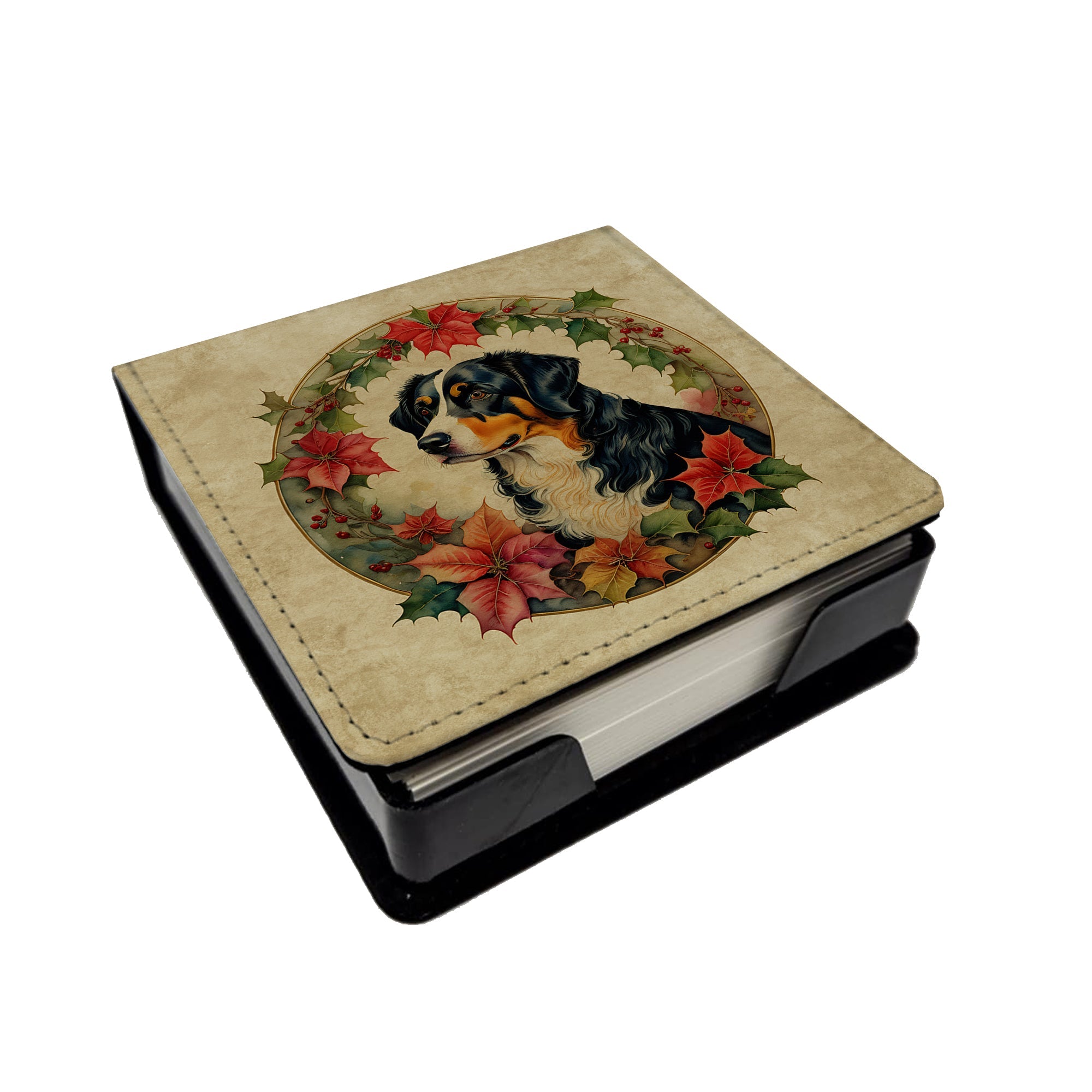Appenzeller Sennenhund Christmas Flowers PU Leather Note Paper Holder with Artist-Designed Cover, Desk Accessory, Office Gift