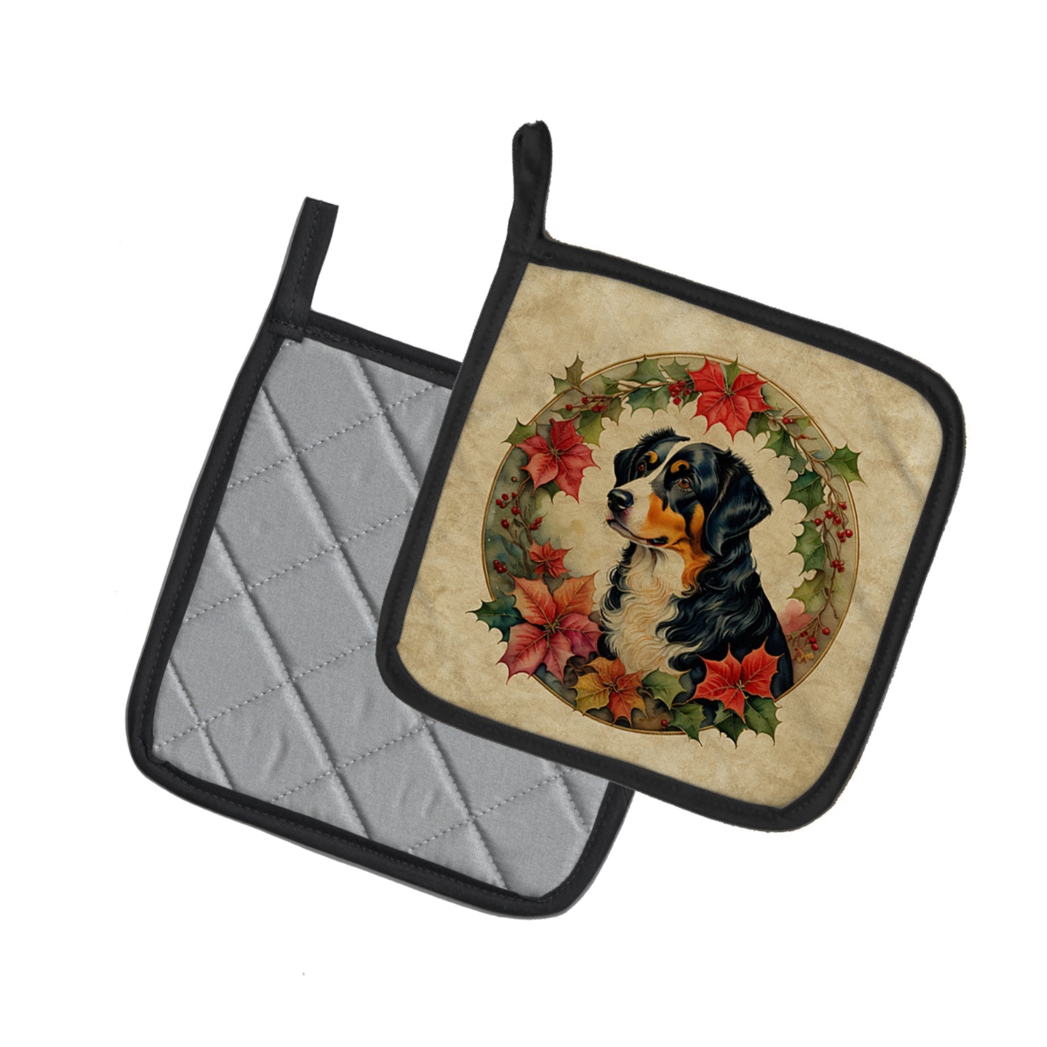 Appenzeller Sennenhund Christmas Flowers Pot Holder Set of 2 Heat Resistant Quilted Hot Pads 7.5 x 7.5 Inch, Insulated Kitchen Trivets for Cooking & Baking