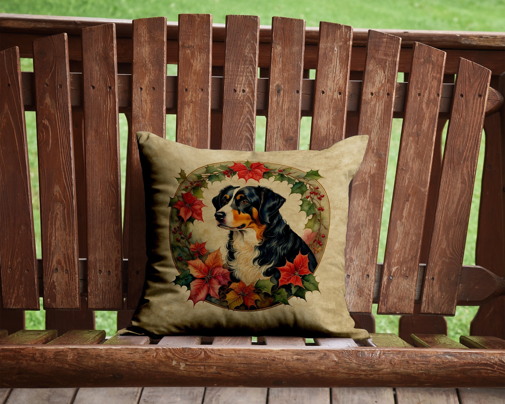 Appenzeller Sennenhund Christmas Flowers Decorative Throw Pillow 14x14 Indoor Outdoor Accent Cushion, Fabric Cover with Insert for Sofa, Bed, Porch & Living Room