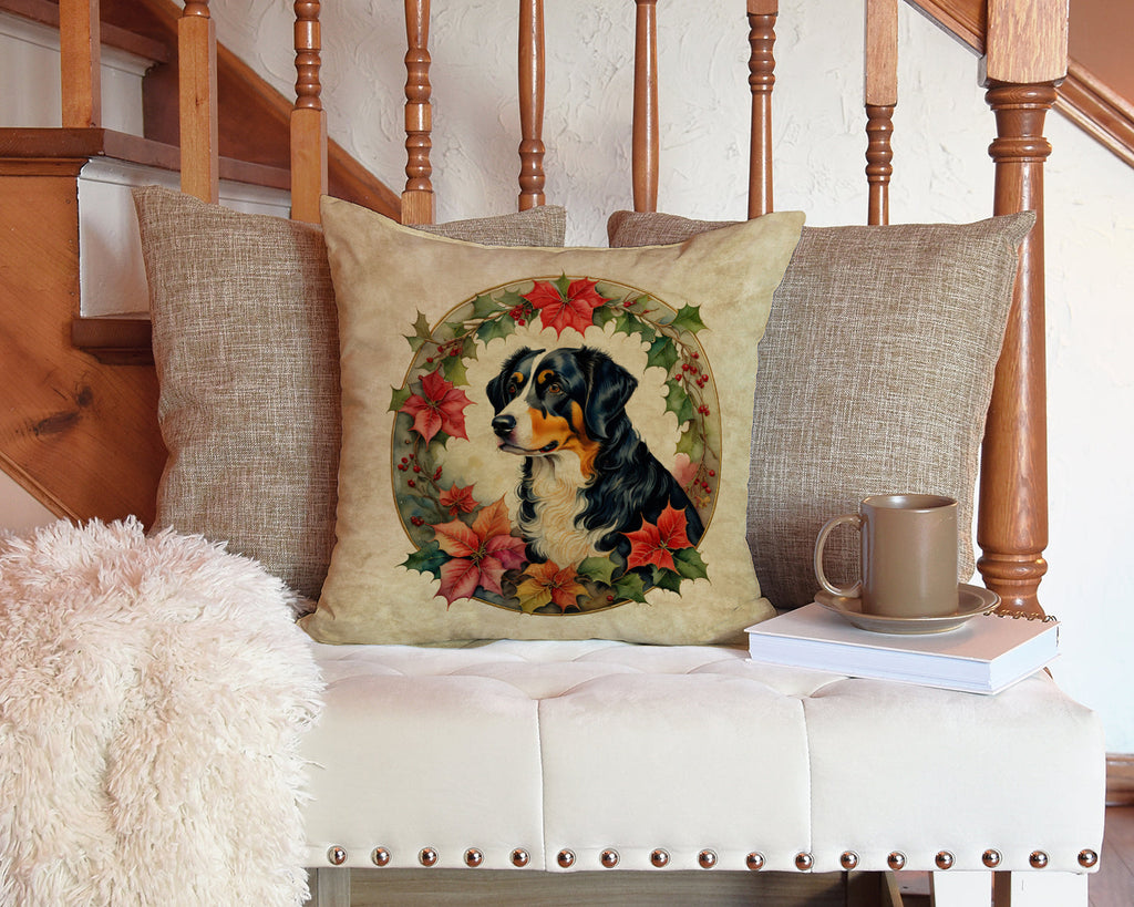 Appenzeller Sennenhund Christmas Flowers Decorative Throw Pillow 14x14 Indoor Outdoor Accent Cushion, Fabric Cover with Insert for Sofa, Bed, Porch & Living Room