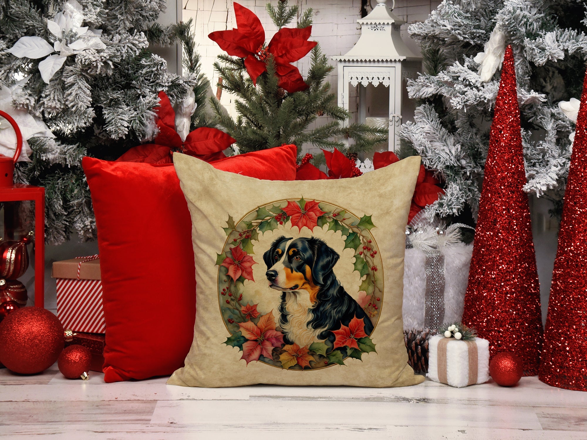 Appenzeller Sennenhund Christmas Flowers Decorative Throw Pillow 18x18 Indoor Outdoor Accent Cushion, Fabric Cover with Insert for Sofa, Bed, Porch & Living Room