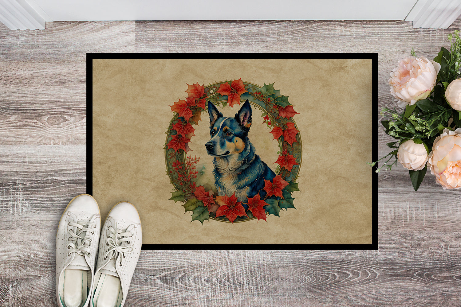 Australian Cattle Dog Christmas Flowers Doormat Indoor Outdoor 24H X 36W Front Door Mat Rugs for Entryway, Non Slip Washable Low Pile,