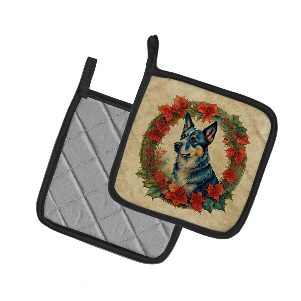 Australian Cattle Dog Christmas Flowers Pot Holder Set of 2 Heat Resistant Quilted Hot Pads 7.5 x 7.5 Inch, Insulated Kitchen Trivets for Cooking & Baking