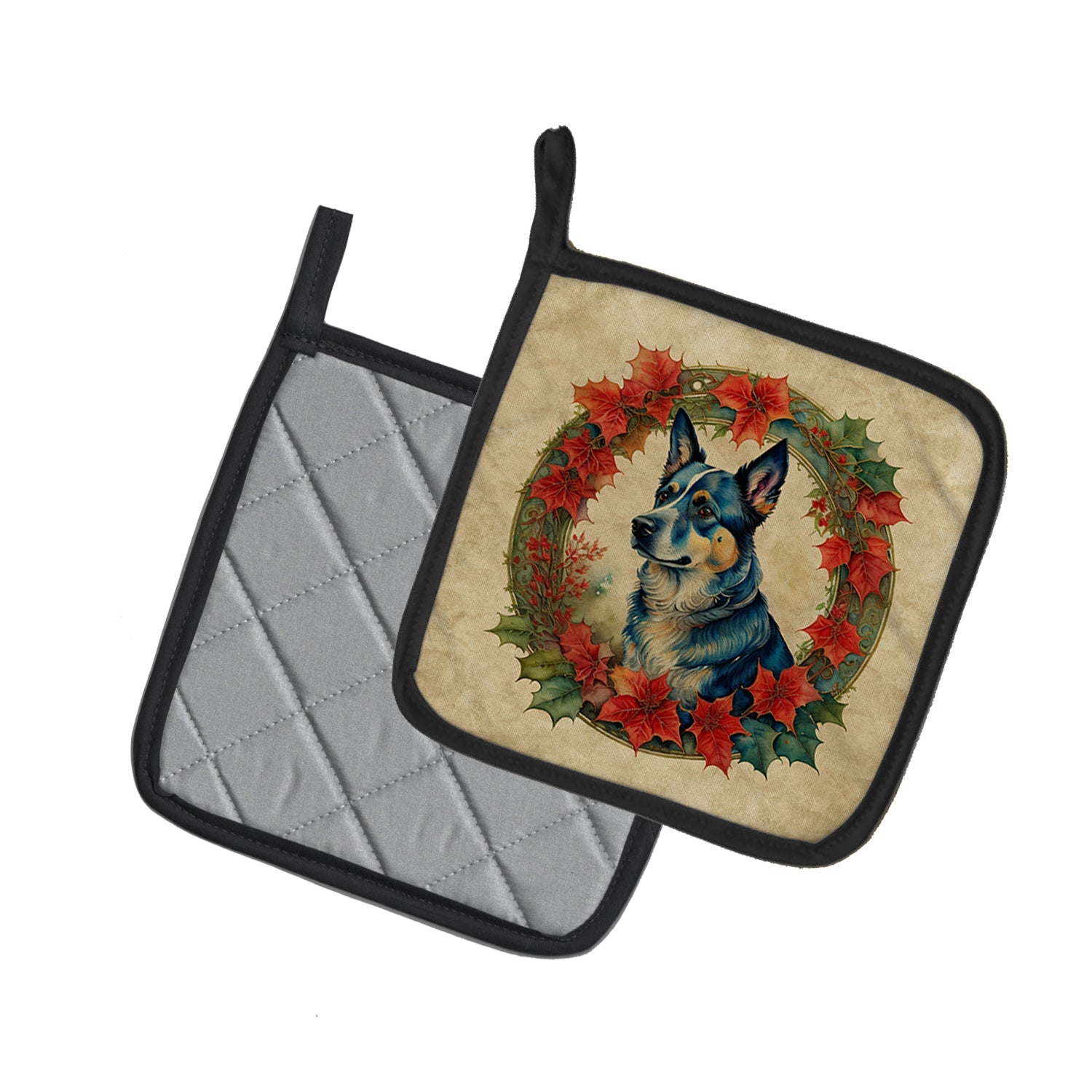 Australian Cattle Dog Christmas Flowers Pot Holder Set of 2 Heat Resistant Quilted Hot Pads 7.5 x 7.5 Inch, Insulated Kitchen Trivets for Cooking & Baking
