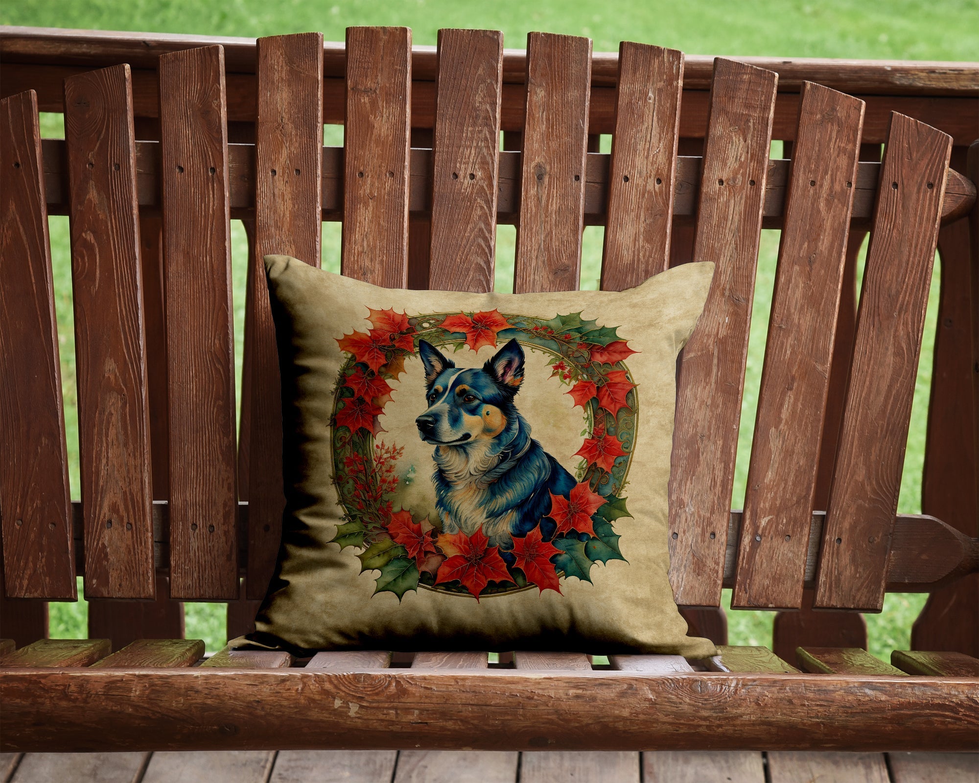Australian Cattle Dog Christmas Flowers Decorative Throw Pillow 14x14 Indoor Outdoor Accent Cushion, Fabric Cover with Insert for Sofa, Bed, Porch & Living Room