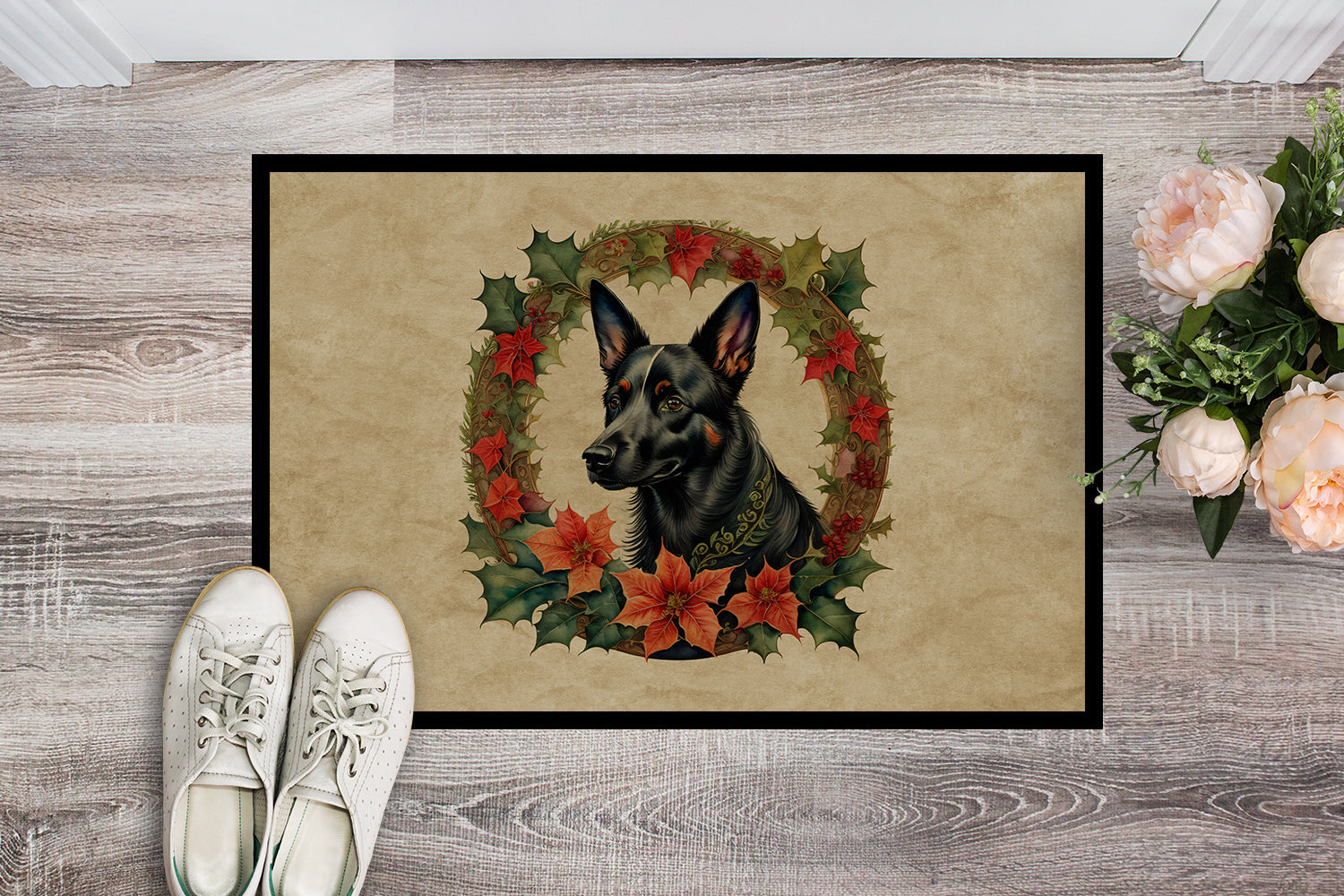 Australian Kelpie Christmas Flowers Doormat Indoor Outdoor 18H X 27W Front Door Mat Rugs for Entryway, Non Slip Washable