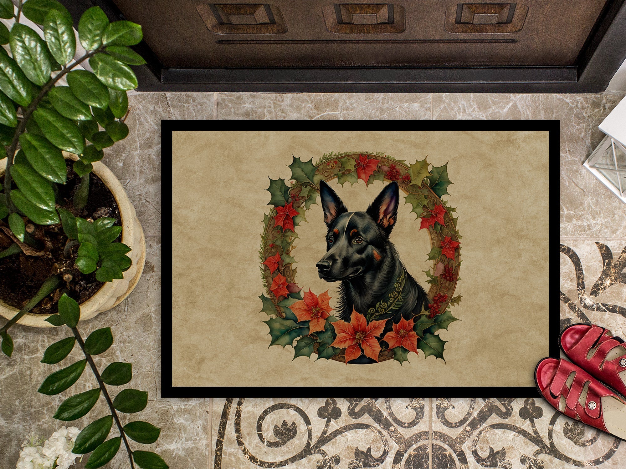 Australian Kelpie Christmas Flowers Doormat Indoor Outdoor 18H X 27W Front Door Mat Rugs for Entryway, Non Slip Washable