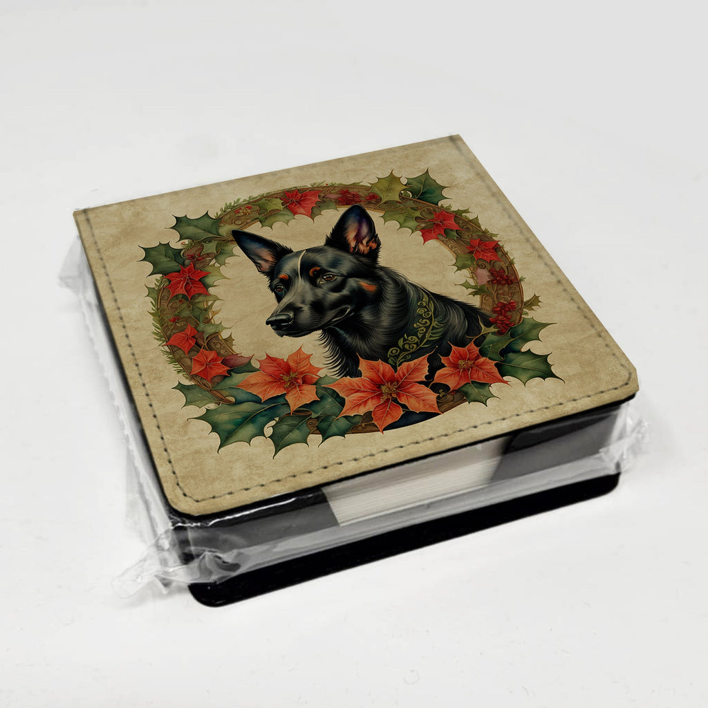 Australian Kelpie Christmas Flowers PU Leather Note Paper Holder with Artist-Designed Cover, Desk Accessory, Office Gift