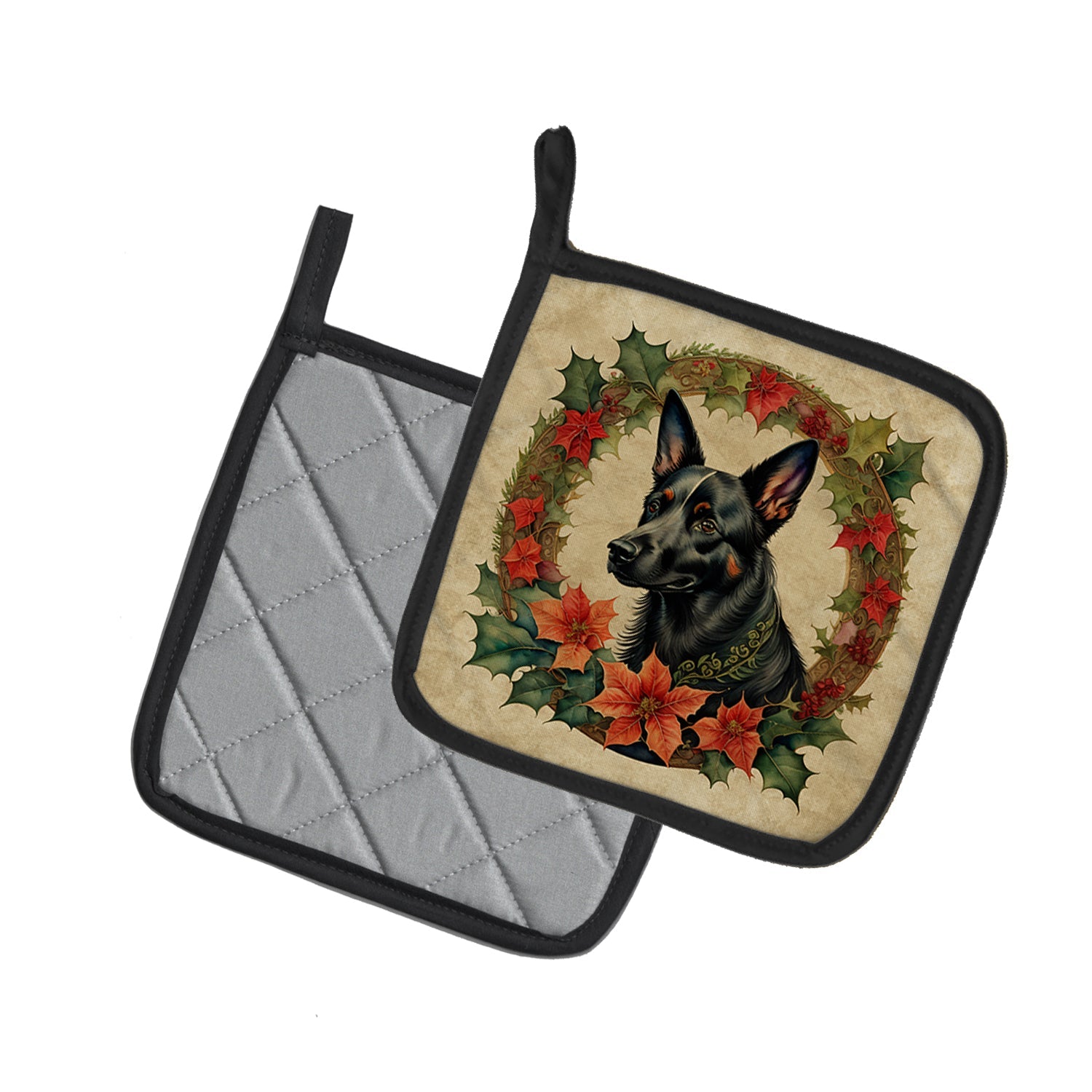 Australian Kelpie Christmas Flowers Pot Holder Set of 2 Heat Resistant Quilted Hot Pads 7.5 x 7.5 Inch, Insulated Kitchen Trivets for Cooking & Baking