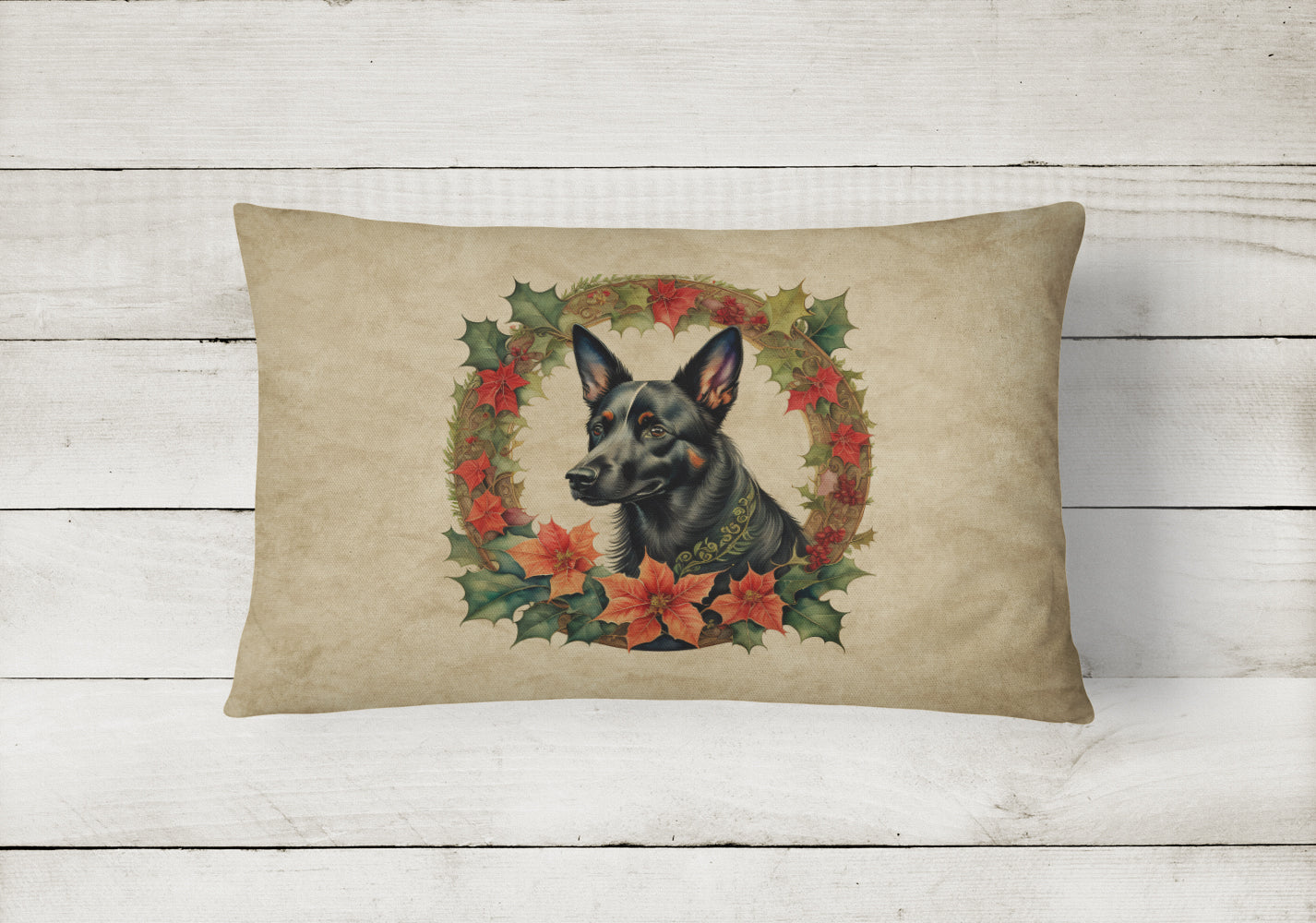 Australian Kelpie Christmas Flowers Decorative Throw Pillow 12x16 Indoor Outdoor Accent Cushion, Fabric Cover with Insert for Sofa, Bed, Porch & Living Room