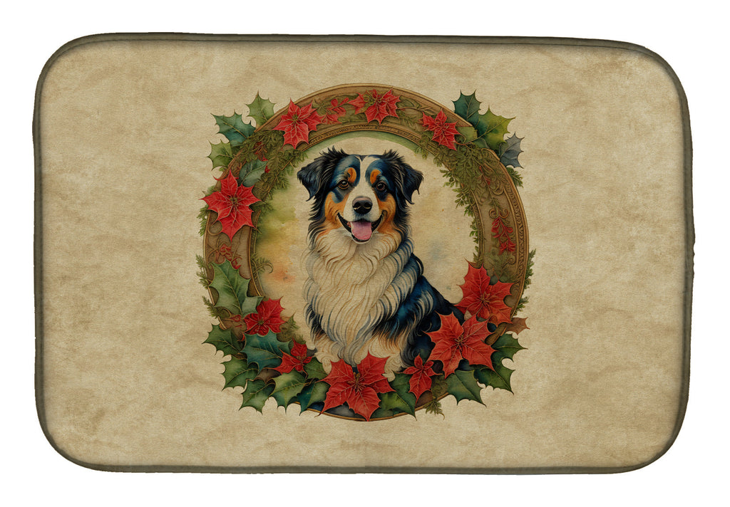 Australian Shepherd Christmas Flowers Dish Drying Mat Absorbent Dish Drying Mat Pad for Kitchen Counter Dish Drainer Mat for Countertop, 14 x 21", Multicolor