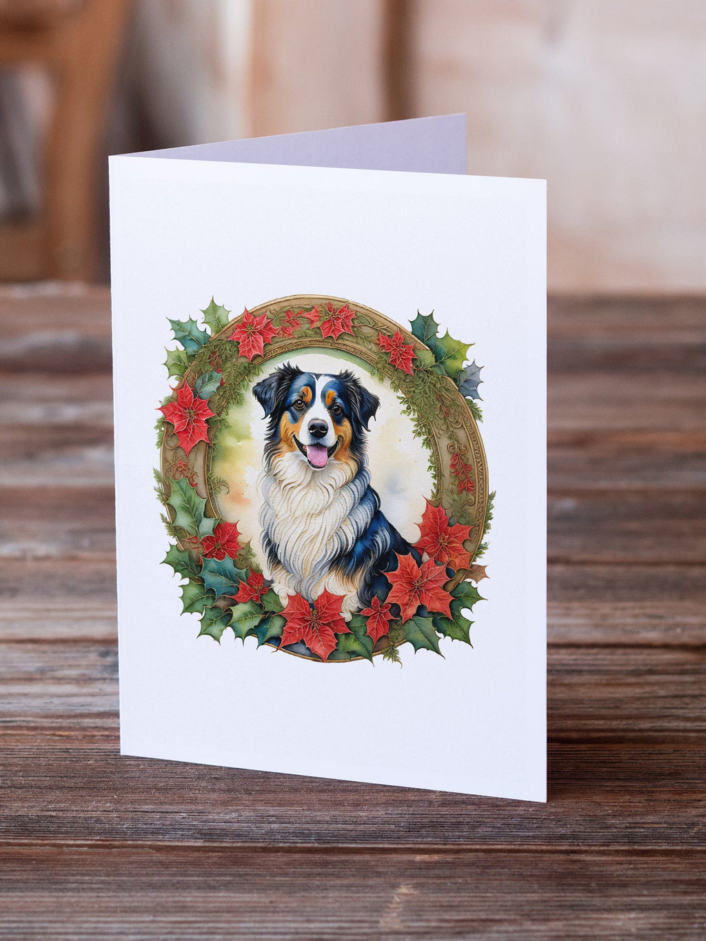 Australian Shepherd Christmas Flowers Greeting Cards Pack of 8 Blank Cards with Envelopes Whimsical A7 Size 5x7