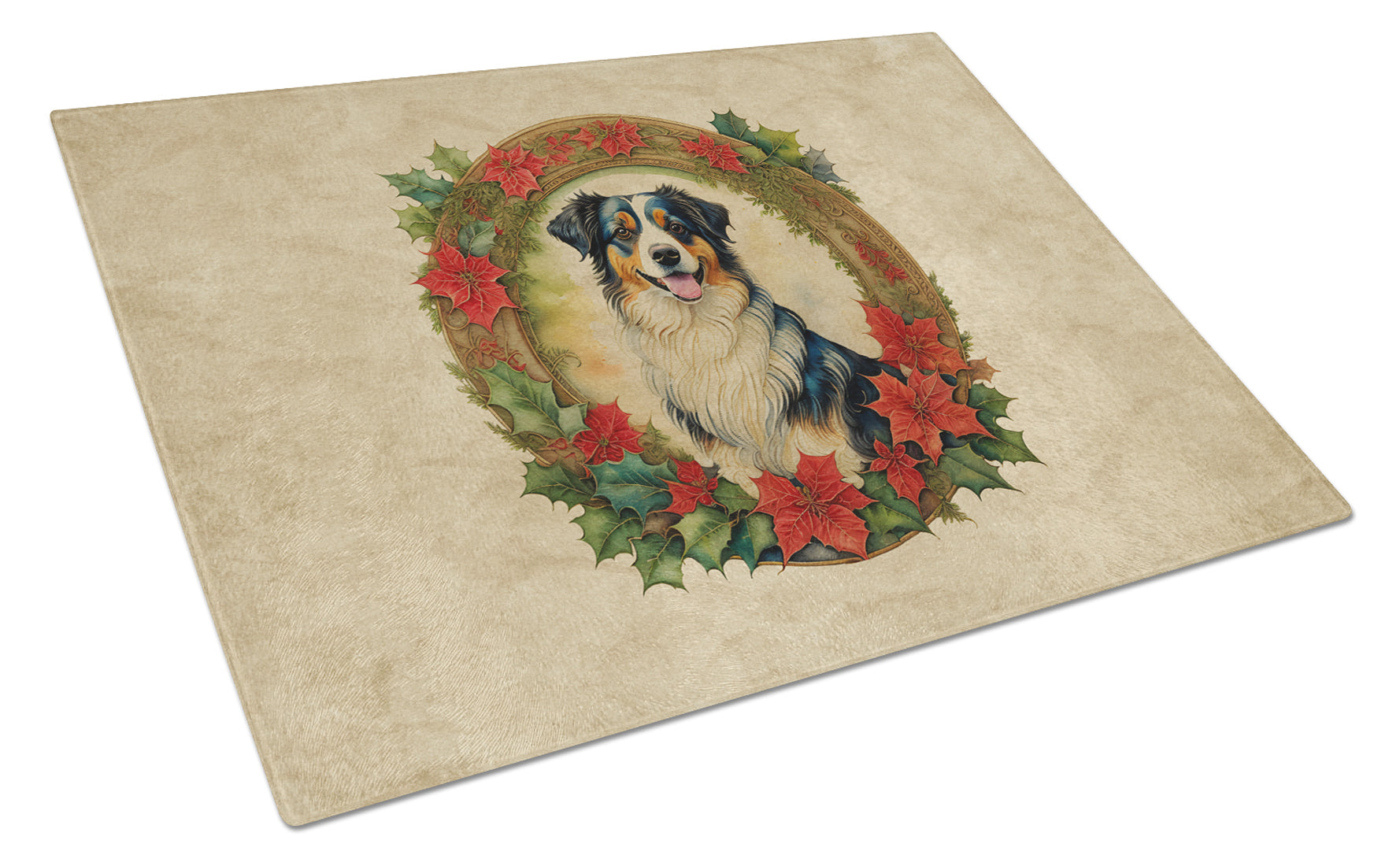 Australian Shepherd Christmas Flowers Cutting Board Tempered Glass Kitchen Cutting Surface, Heat Resistant Chopping, Non-Slip Feet, Food Prep & Serving