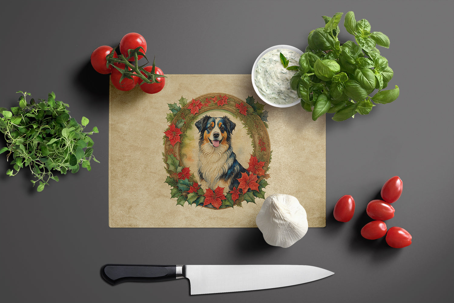 Australian Shepherd Christmas Flowers Cutting Board Tempered Glass Kitchen Cutting Surface, Heat Resistant Chopping, Non-Slip Feet, Food Prep & Serving