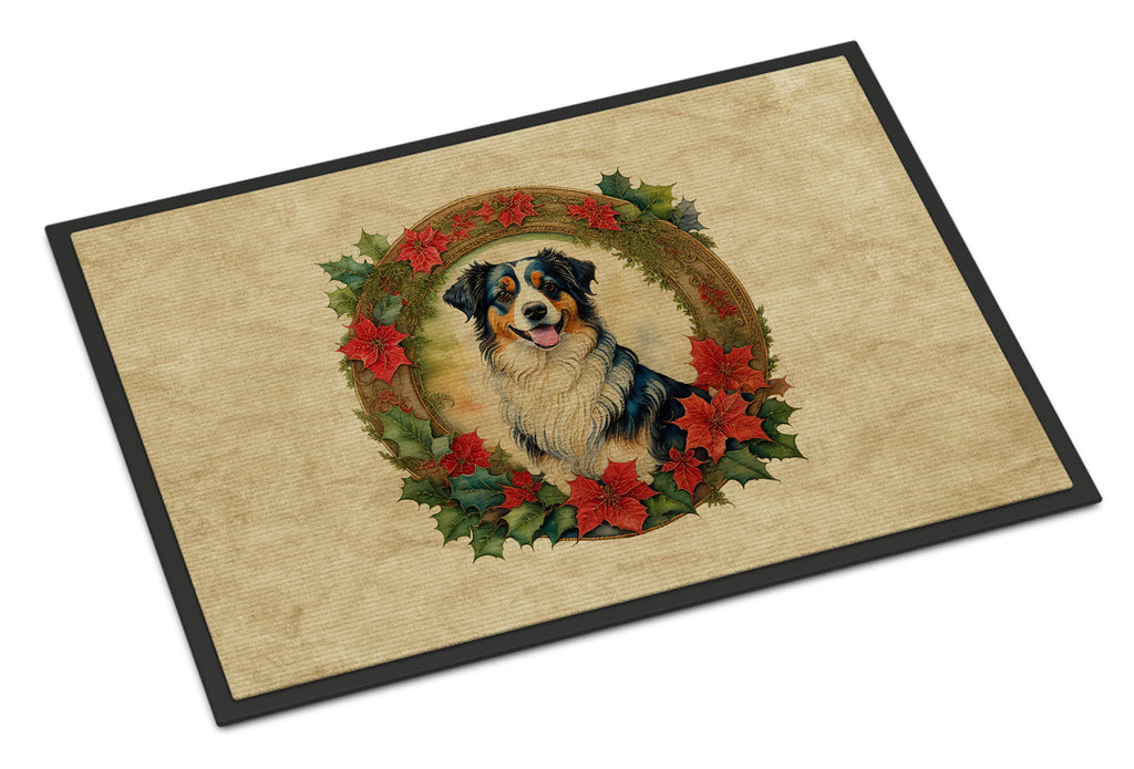 Australian Shepherd Christmas Flowers Doormat Indoor Outdoor 18H X 27W Front Door Mat Rugs for Entryway, Non Slip Washable