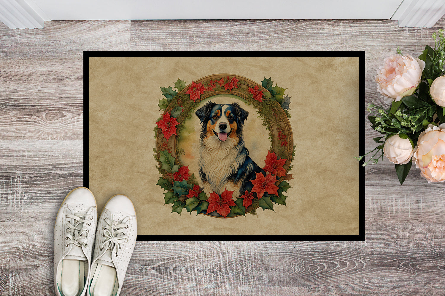 Australian Shepherd Christmas Flowers Doormat Indoor Outdoor 18H X 27W Front Door Mat Rugs for Entryway, Non Slip Washable