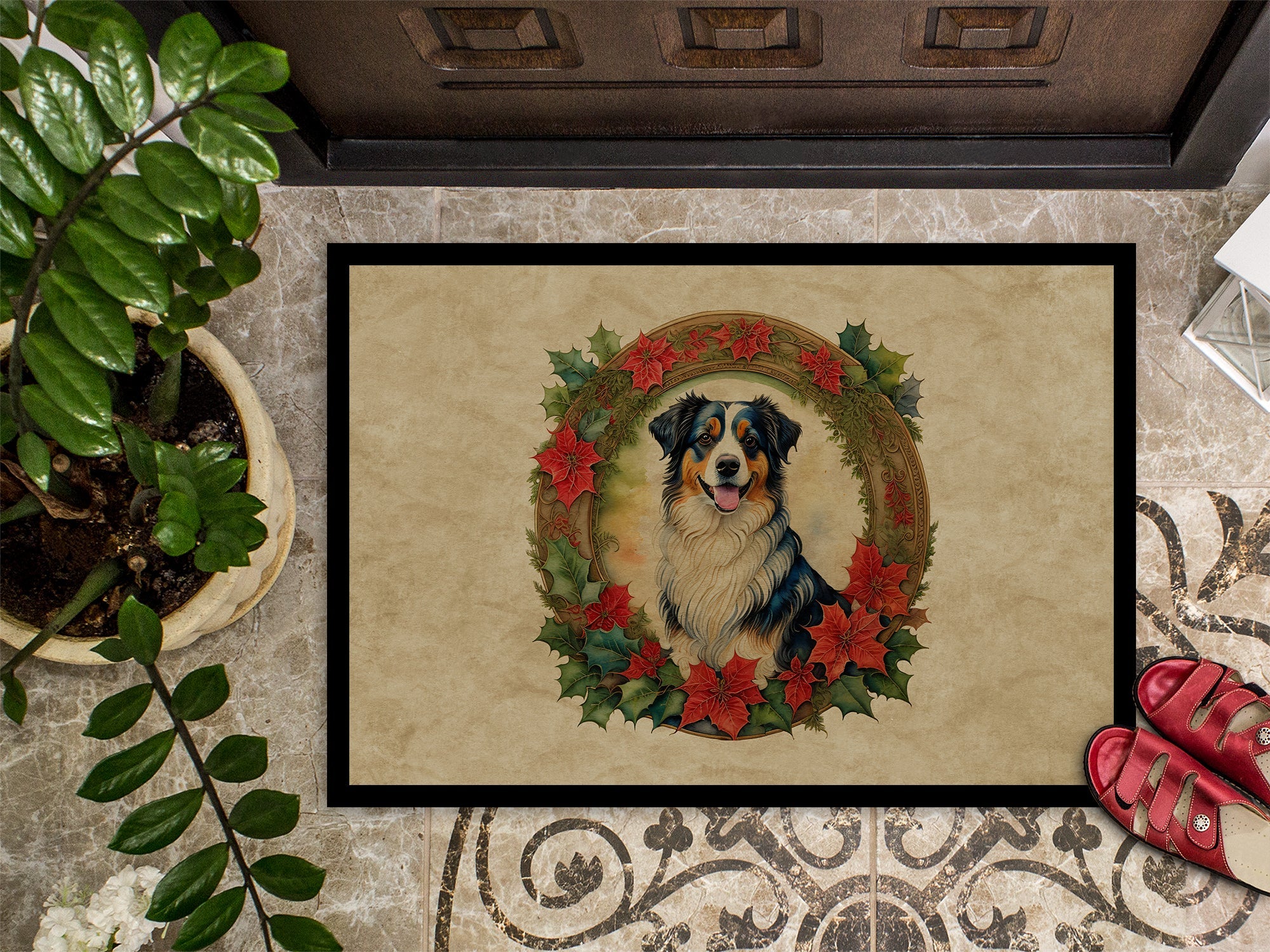 Australian Shepherd Christmas Flowers Doormat Indoor Outdoor 18H X 27W Front Door Mat Rugs for Entryway, Non Slip Washable