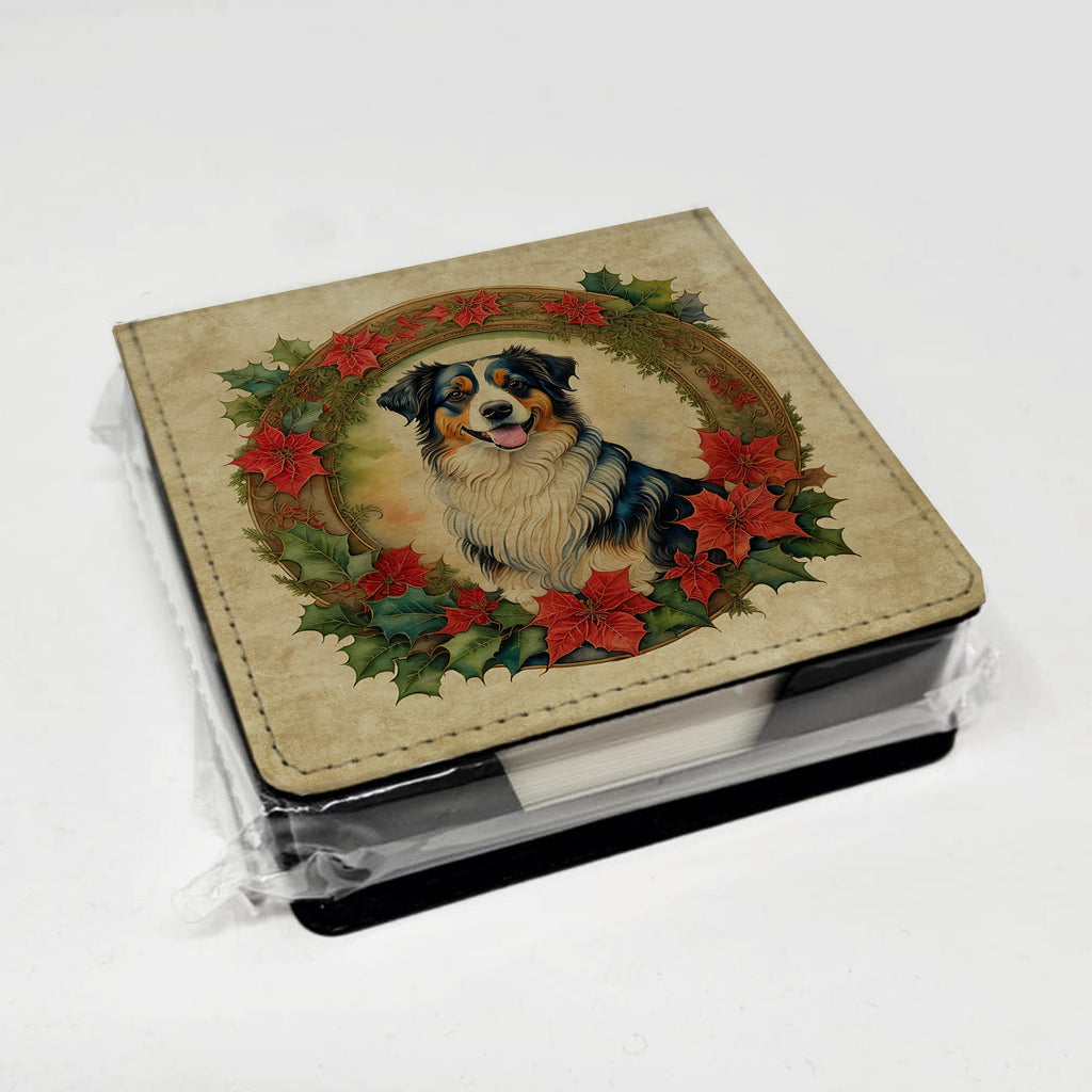 Australian Shepherd Christmas Flowers PU Leather Note Paper Holder with Artist-Designed Cover, Desk Accessory, Office Gift