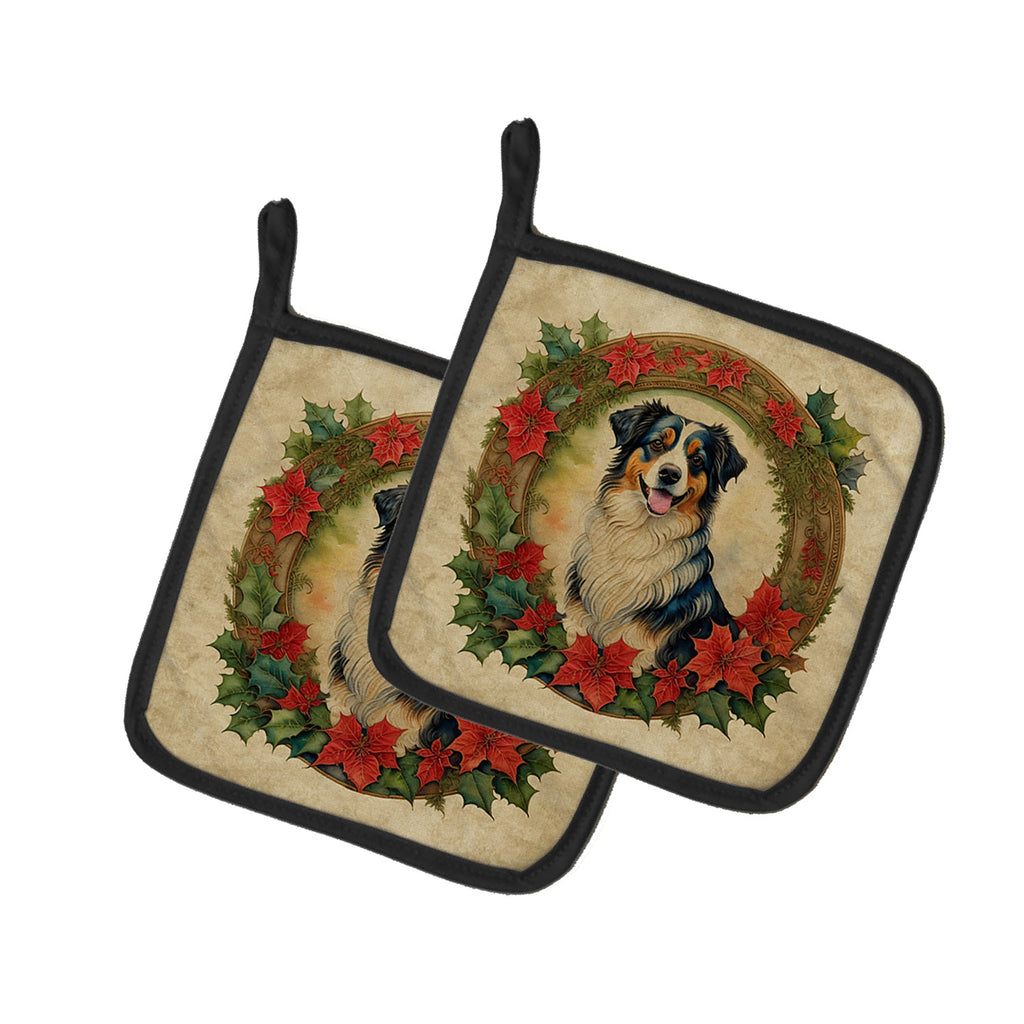 Australian Shepherd Christmas Flowers Pot Holder Set of 2 Heat Resistant Quilted Hot Pads 7.5 x 7.5 Inch, Insulated Kitchen Trivets for Cooking & Baking