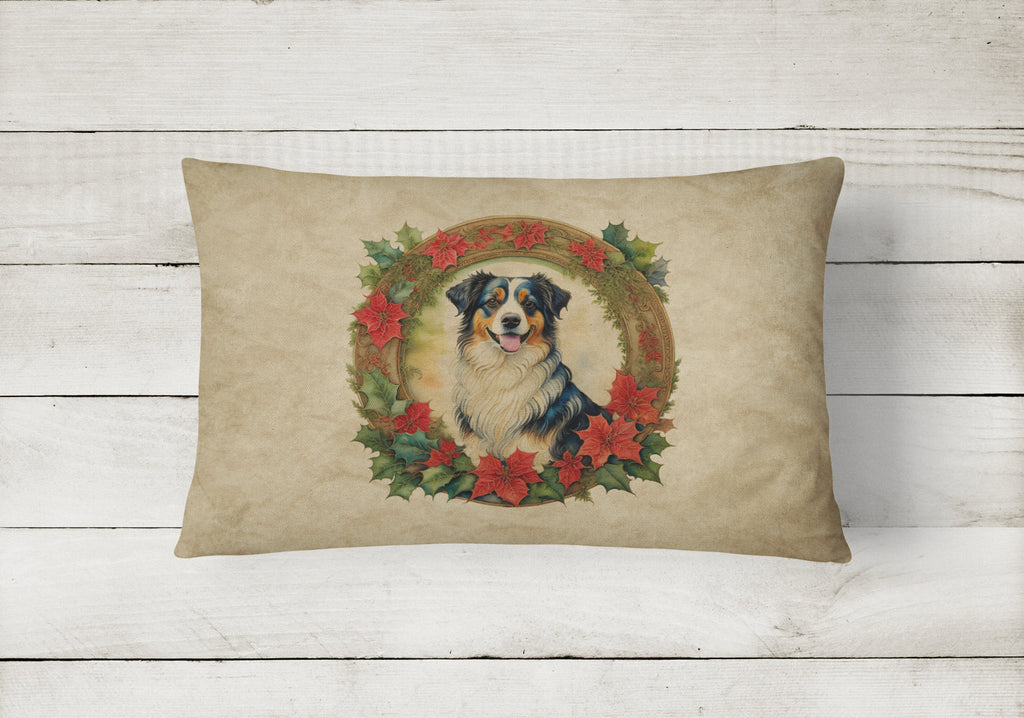 Australian Shepherd Christmas Flowers Decorative Throw Pillow 12x16 Indoor Outdoor Accent Cushion, Fabric Cover with Insert for Sofa, Bed, Porch & Living Room