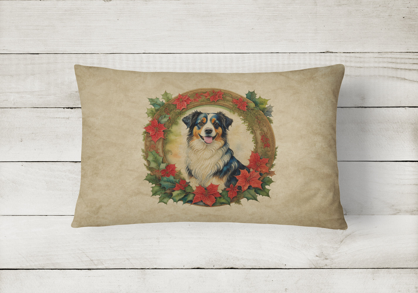 Australian Shepherd Christmas Flowers Decorative Throw Pillow 12x16 Indoor Outdoor Accent Cushion, Fabric Cover with Insert for Sofa, Bed, Porch & Living Room
