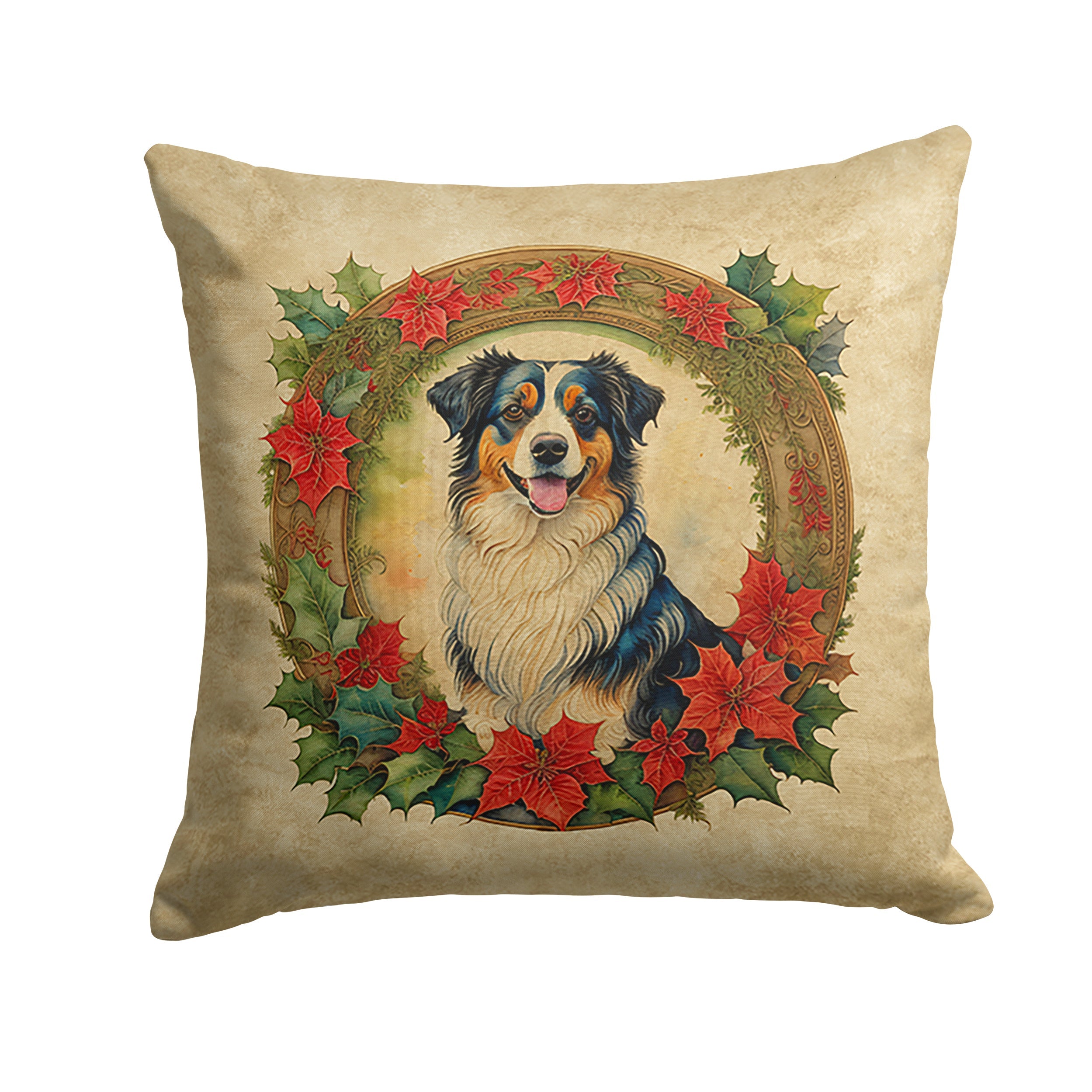 Australian Shepherd Christmas Flowers Decorative Throw Pillow 14x14 Indoor Outdoor Accent Cushion, Fabric Cover with Insert for Sofa, Bed, Porch & Living Room