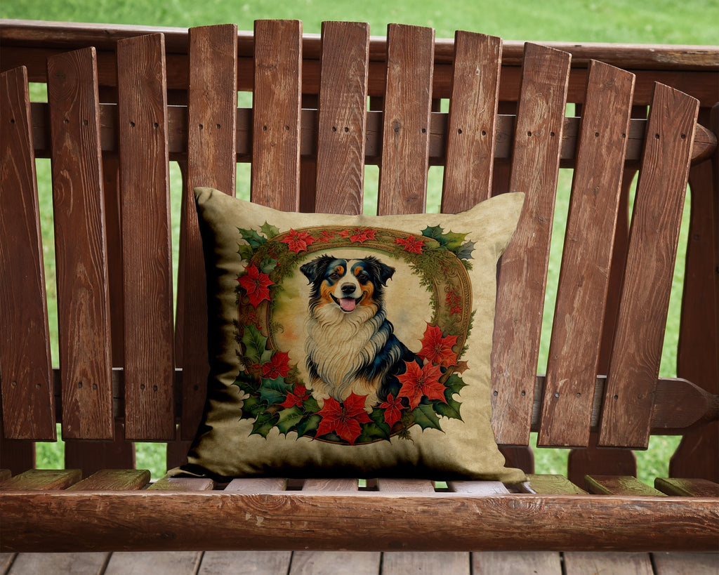 Australian Shepherd Christmas Flowers Decorative Throw Pillow 14x14 Indoor Outdoor Accent Cushion, Fabric Cover with Insert for Sofa, Bed, Porch & Living Room