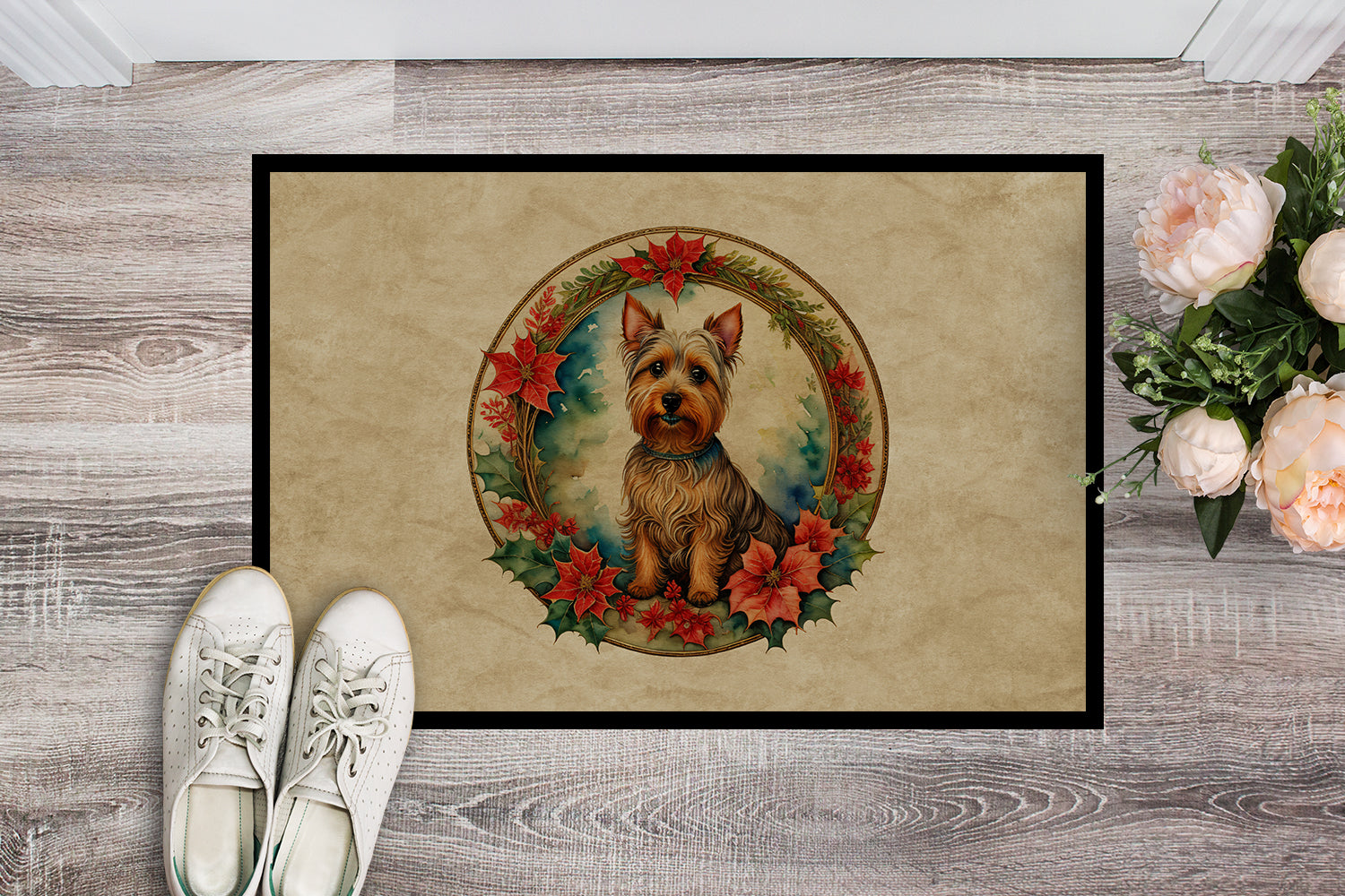 Australian Terrier Christmas Flowers Doormat Indoor Outdoor 18H X 27W Front Door Mat Rugs for Entryway, Non Slip Washable