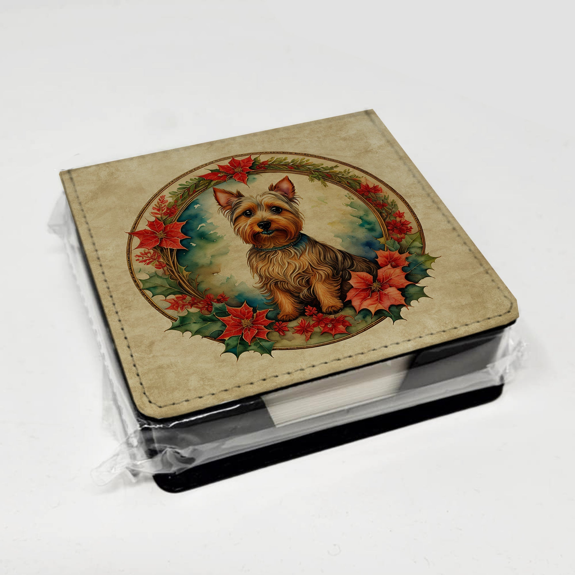 Australian Terrier Christmas Flowers PU Leather Note Paper Holder with Artist-Designed Cover, Desk Accessory, Office Gift