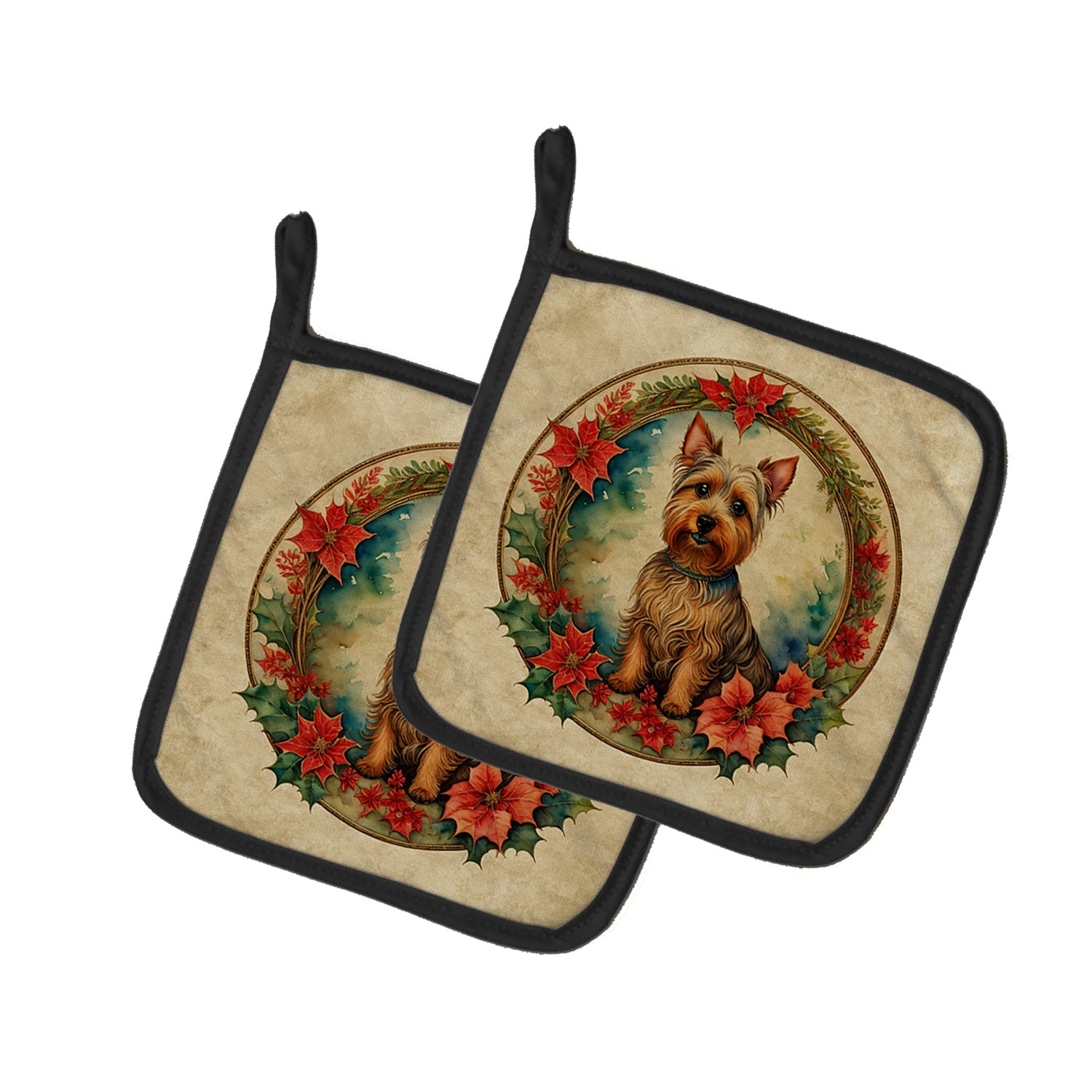 Australian Terrier Christmas Flowers Pot Holder Set of 2 Heat Resistant Quilted Hot Pads 7.5 x 7.5 Inch, Insulated Kitchen Trivets for Cooking & Baking