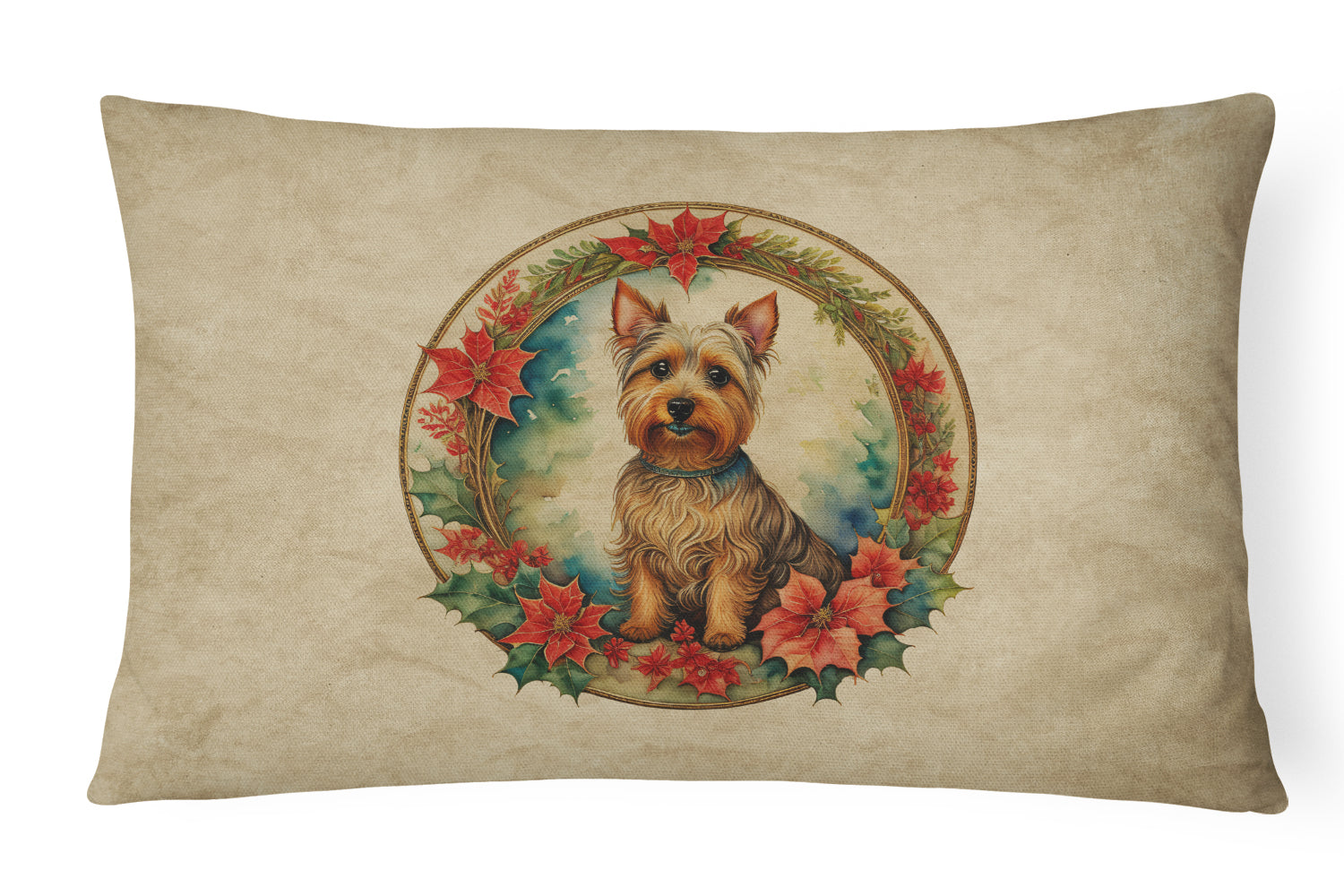 Australian Terrier Christmas Flowers Decorative Throw Pillow 12x16 Indoor Outdoor Accent Cushion, Fabric Cover with Insert for Sofa, Bed, Porch & Living Room