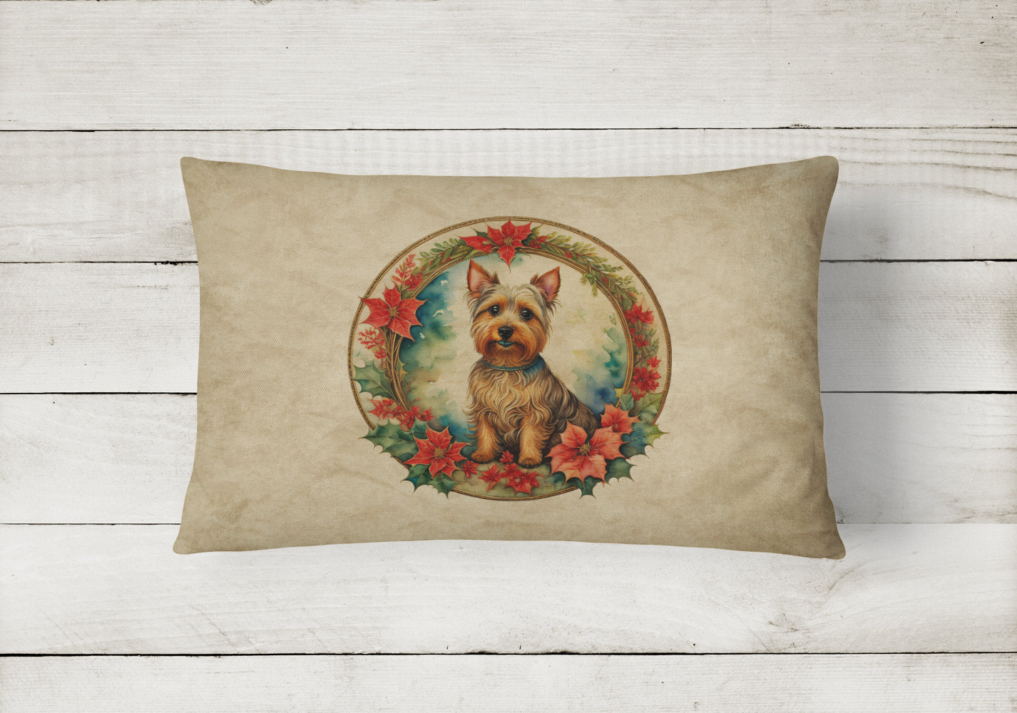 Australian Terrier Christmas Flowers Decorative Throw Pillow 12x16 Indoor Outdoor Accent Cushion, Fabric Cover with Insert for Sofa, Bed, Porch & Living Room