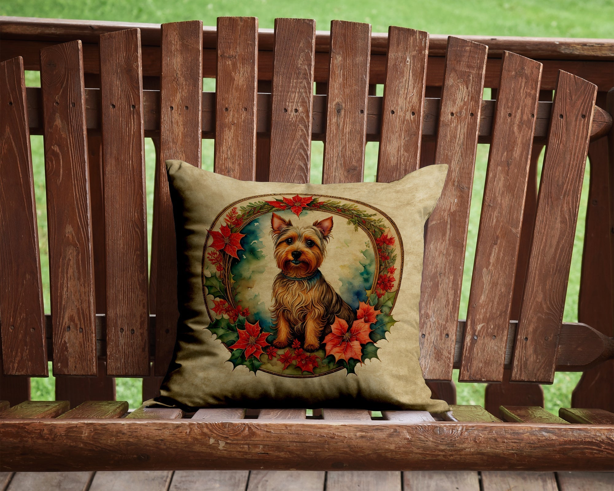 Australian Terrier Christmas Flowers Decorative Throw Pillow 14x14 Indoor Outdoor Accent Cushion, Fabric Cover with Insert for Sofa, Bed, Porch & Living Room