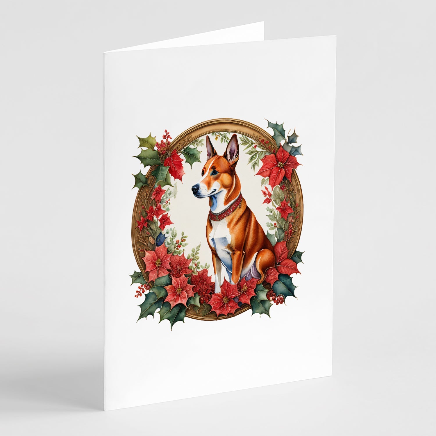 Basenji Christmas Flowers Greeting Cards Pack of 8 Blank Cards with Envelopes Whimsical A7 Size 5x7
