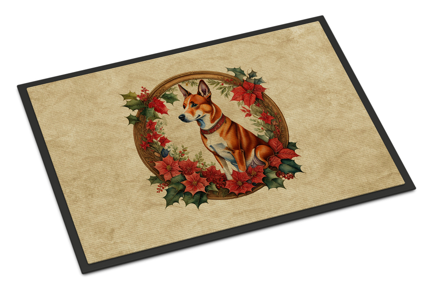 Basenji Christmas Flowers Doormat Indoor Outdoor 24H X 36W Front Door Mat Rugs for Entryway, Non Slip Washable Low Pile,