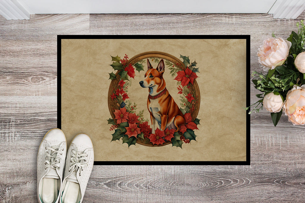 Basenji Christmas Flowers Doormat Indoor Outdoor 24H X 36W Front Door Mat Rugs for Entryway, Non Slip Washable Low Pile,