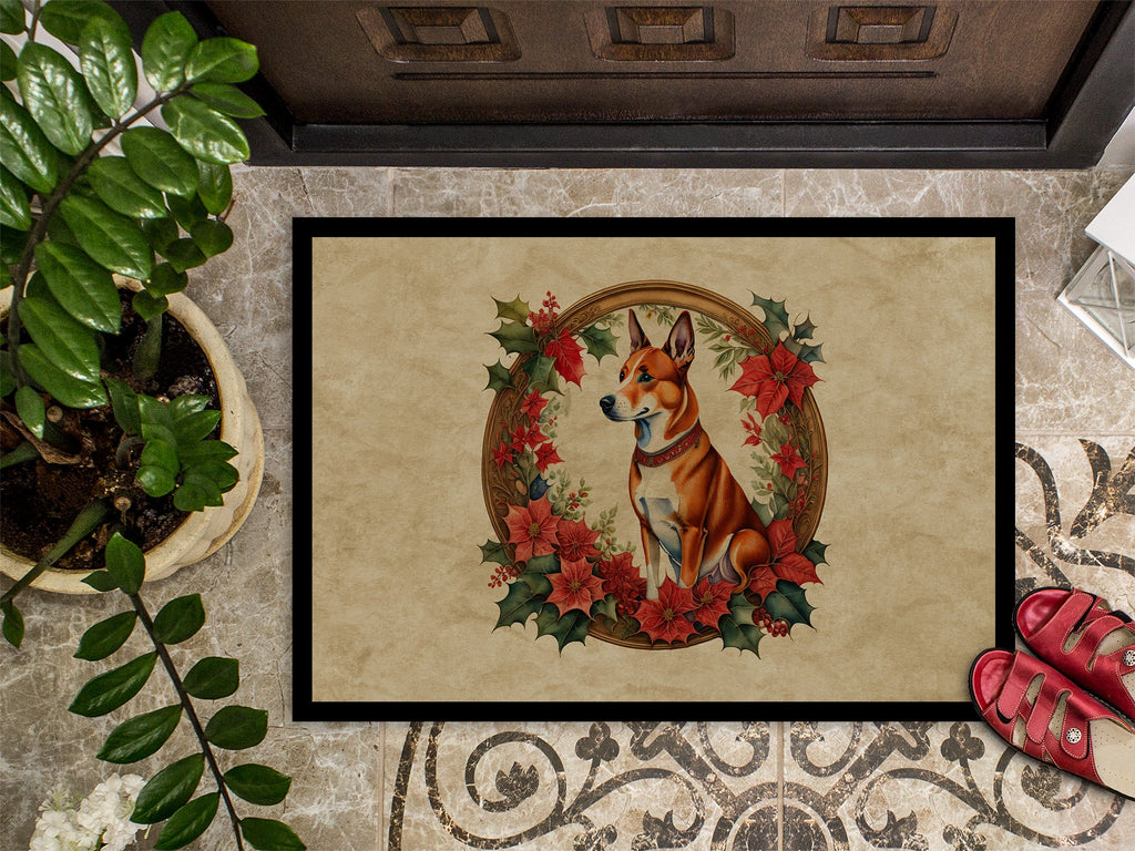 Basenji Christmas Flowers Doormat Indoor Outdoor 24H X 36W Front Door Mat Rugs for Entryway, Non Slip Washable Low Pile,