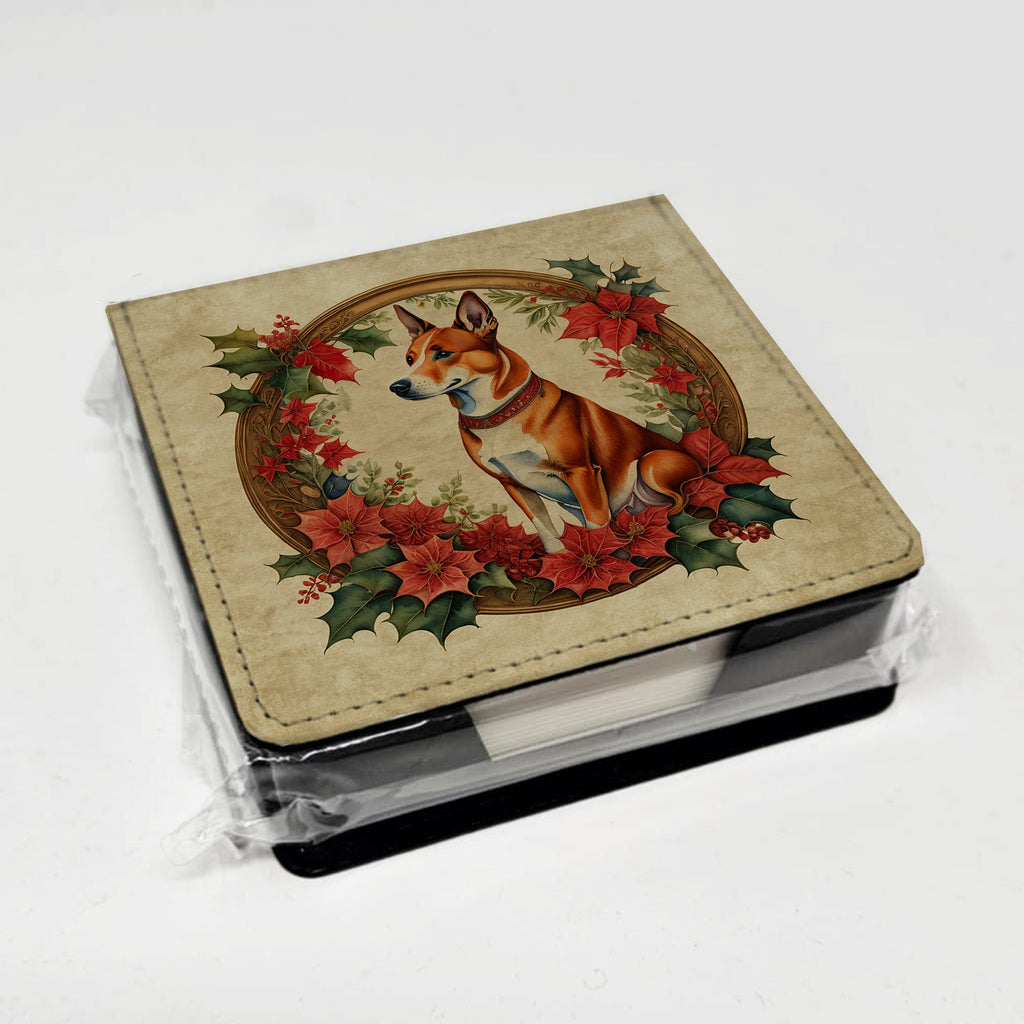Basenji Christmas Flowers PU Leather Note Paper Holder with Artist-Designed Cover, Desk Accessory, Office Gift