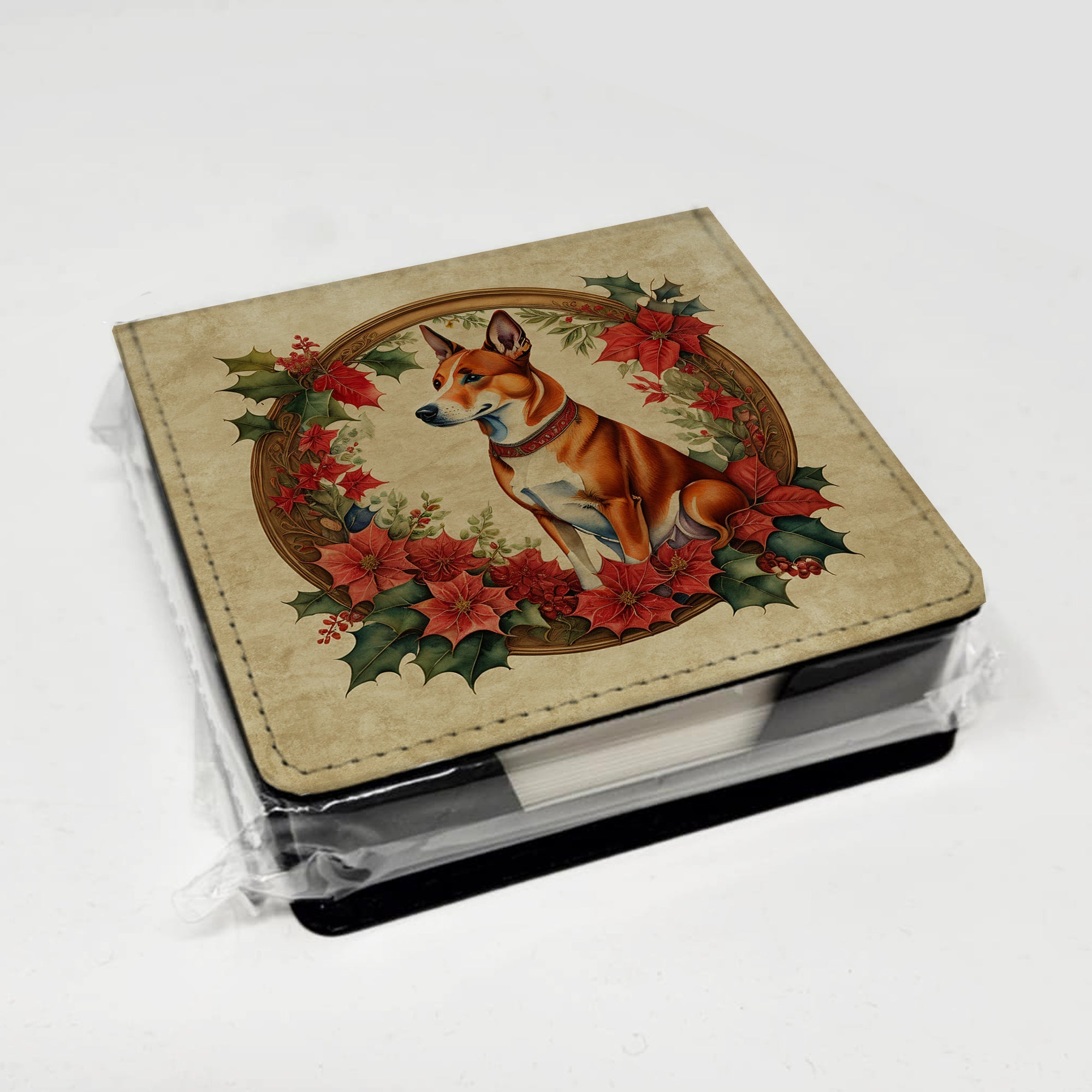 Basenji Christmas Flowers PU Leather Note Paper Holder with Artist-Designed Cover, Desk Accessory, Office Gift