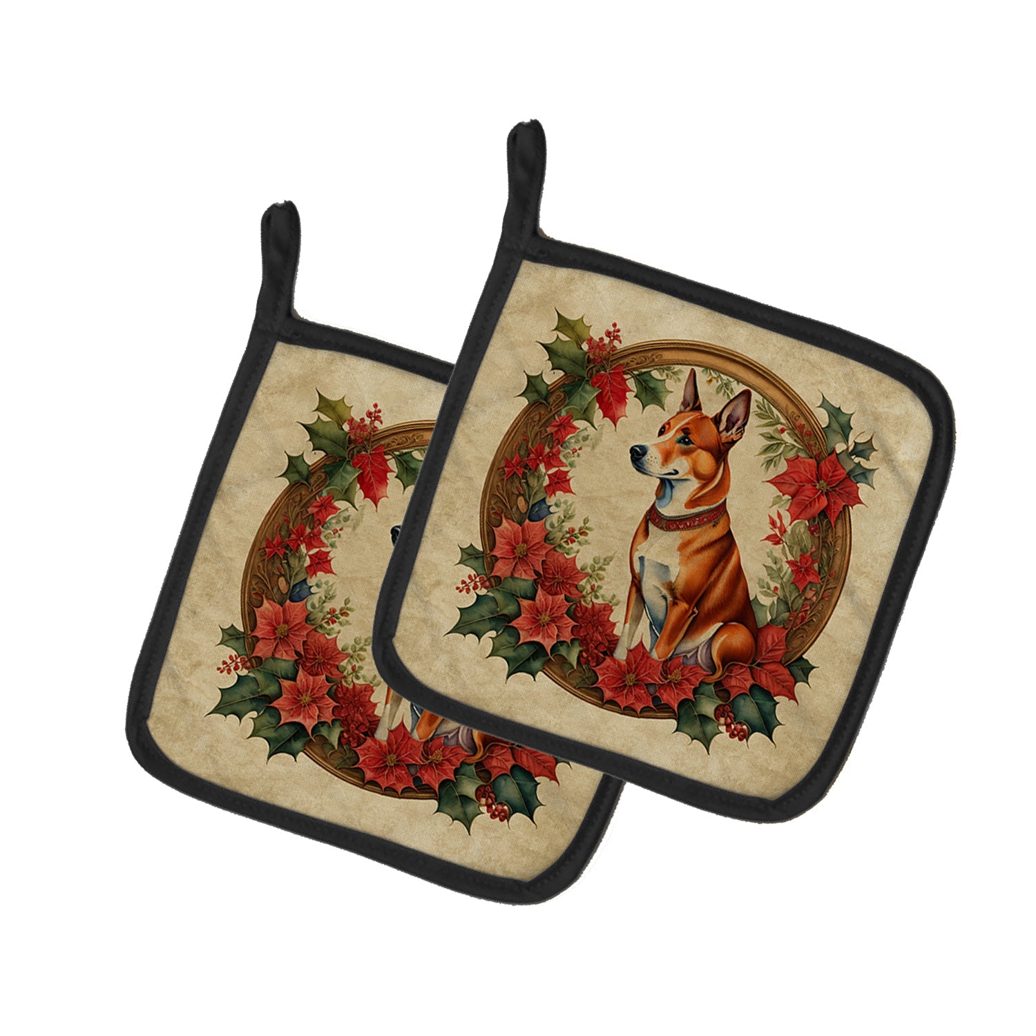 Basenji Christmas Flowers Pot Holder Set of 2 Heat Resistant Quilted Hot Pads 7.5 x 7.5 Inch, Insulated Kitchen Trivets for Cooking & Baking