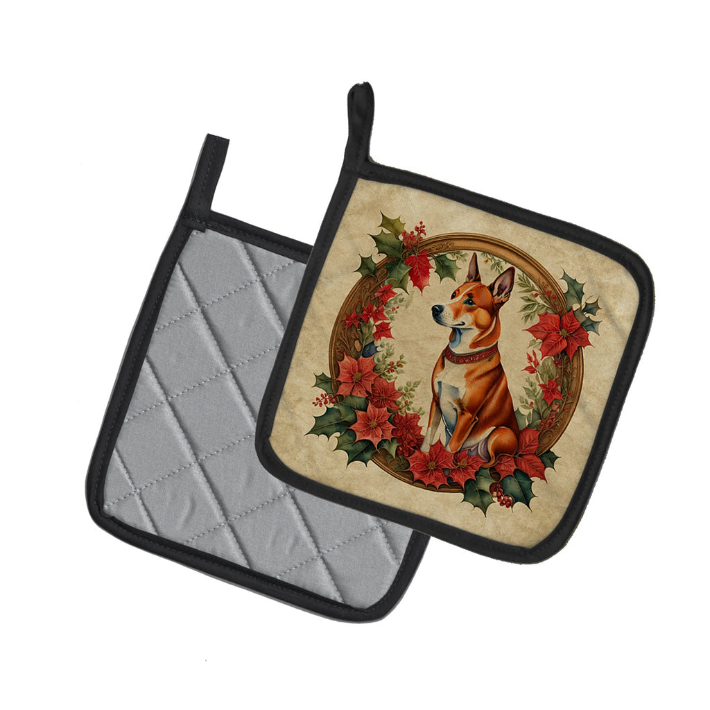 Basenji Christmas Flowers Pot Holder Set of 2 Heat Resistant Quilted Hot Pads 7.5 x 7.5 Inch, Insulated Kitchen Trivets for Cooking & Baking