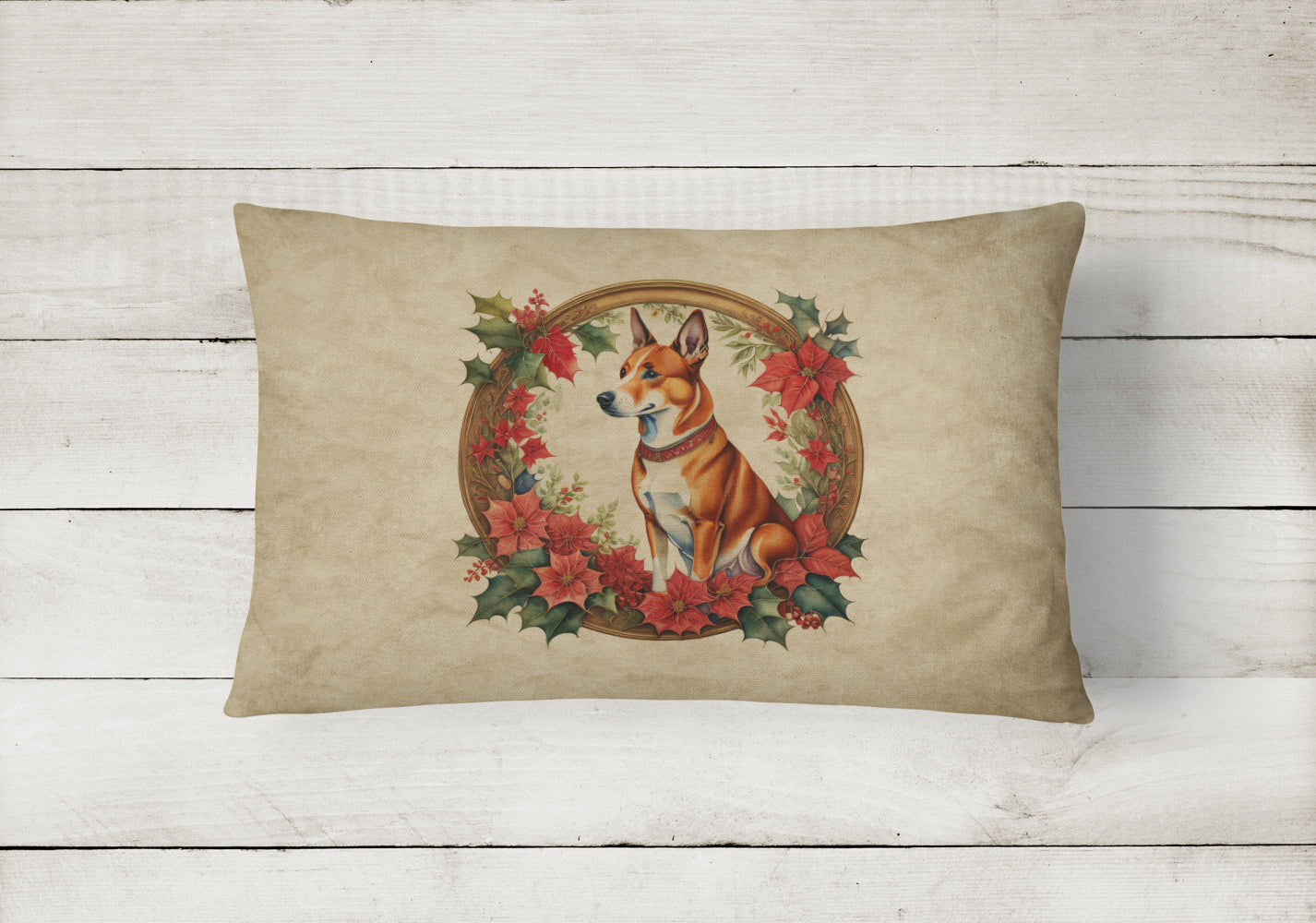 Basenji Christmas Flowers Decorative Throw Pillow 12x16 Indoor Outdoor Accent Cushion, Fabric Cover with Insert for Sofa, Bed, Porch & Living Room