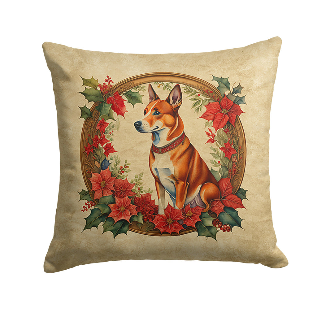 Basenji Christmas Flowers Decorative Throw Pillow 14x14 Indoor Outdoor Accent Cushion, Fabric Cover with Insert for Sofa, Bed, Porch & Living Room