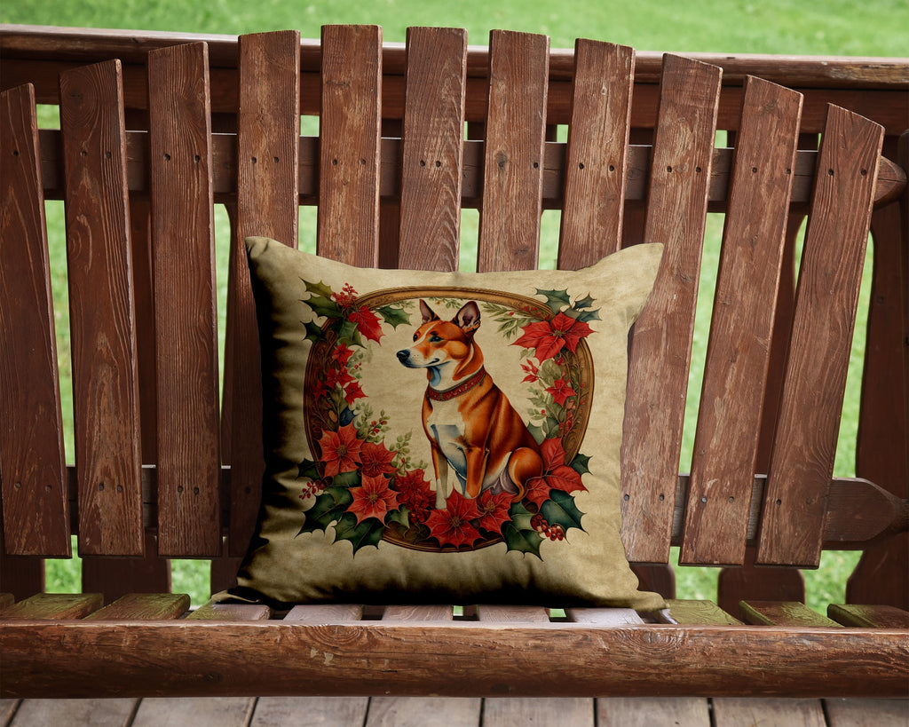 Basenji Christmas Flowers Decorative Throw Pillow 14x14 Indoor Outdoor Accent Cushion, Fabric Cover with Insert for Sofa, Bed, Porch & Living Room