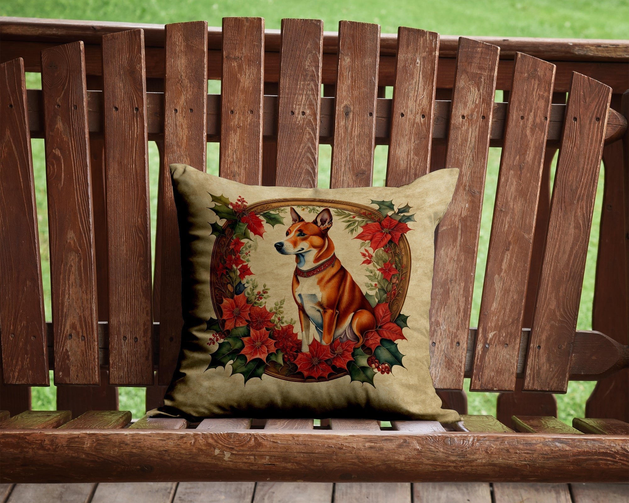Basenji Christmas Flowers Decorative Throw Pillow 14x14 Indoor Outdoor Accent Cushion, Fabric Cover with Insert for Sofa, Bed, Porch & Living Room